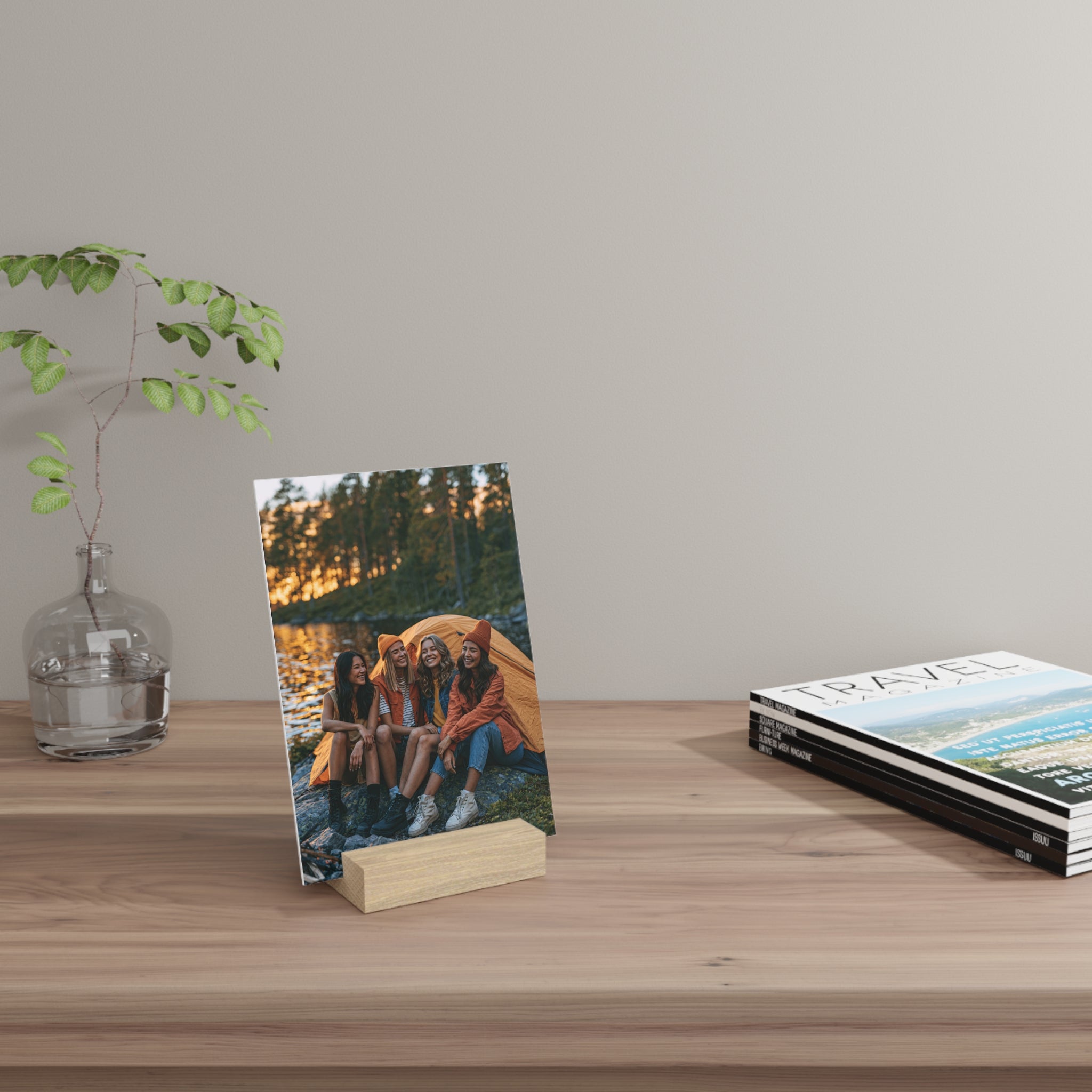 Personalized friends photo stand in a living room setting