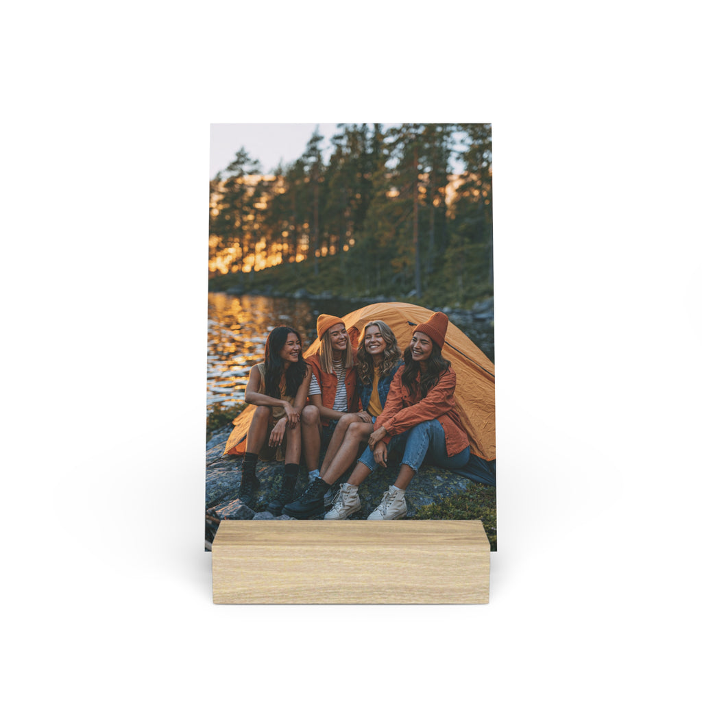 Personalized friends photo stand with photo of four women camping at sunset