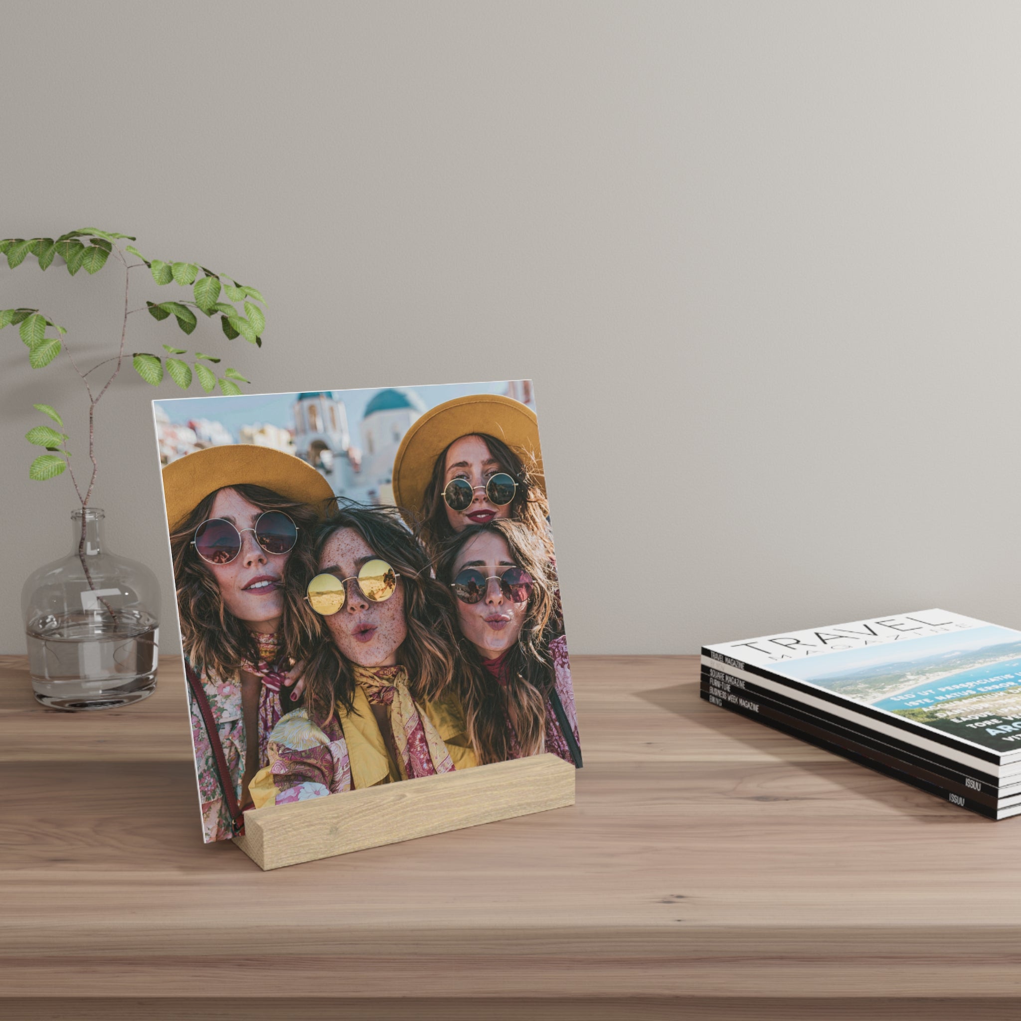 Personalized friends photo stand on a bookshelf with decor