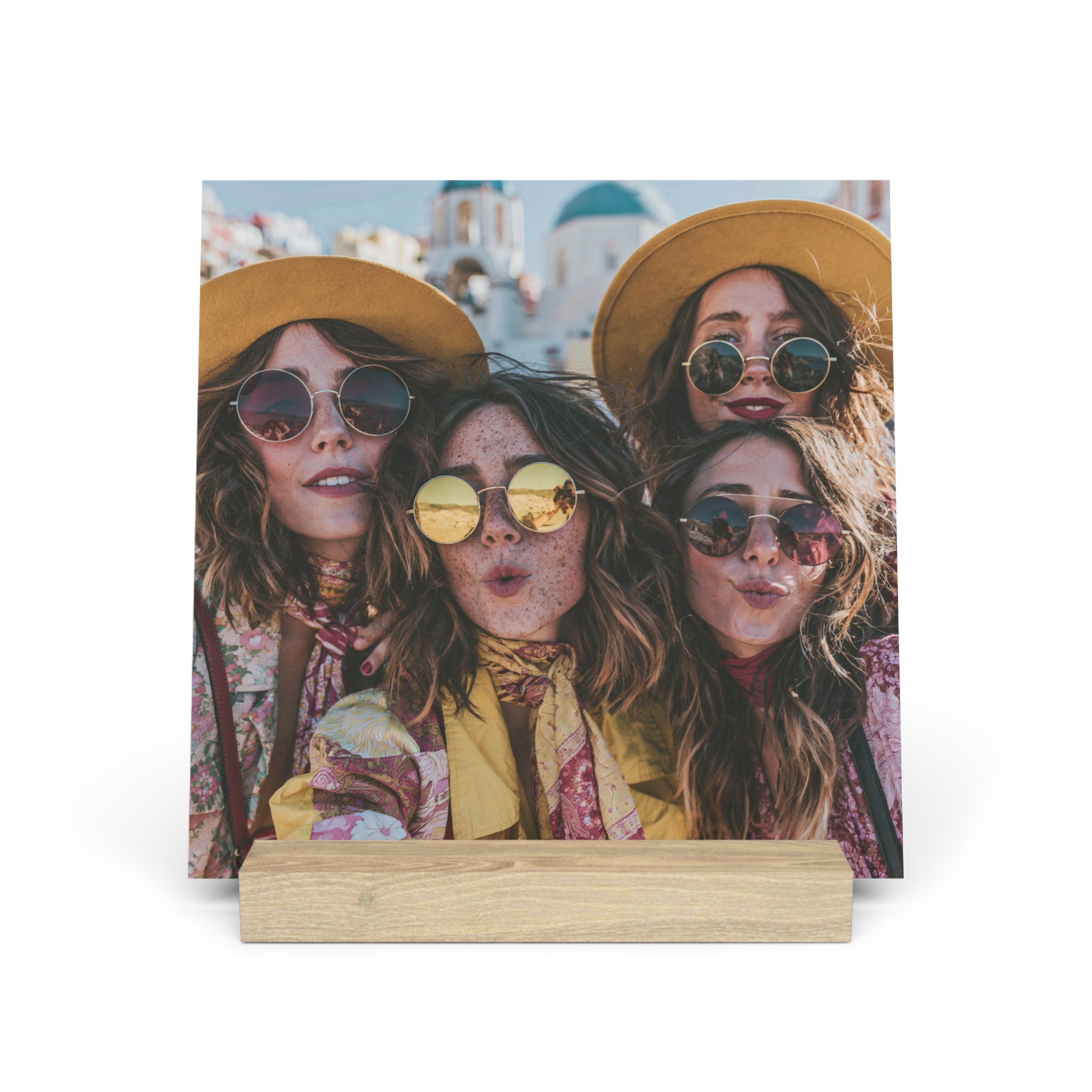Close-up of oak stand on personalized friends photo print