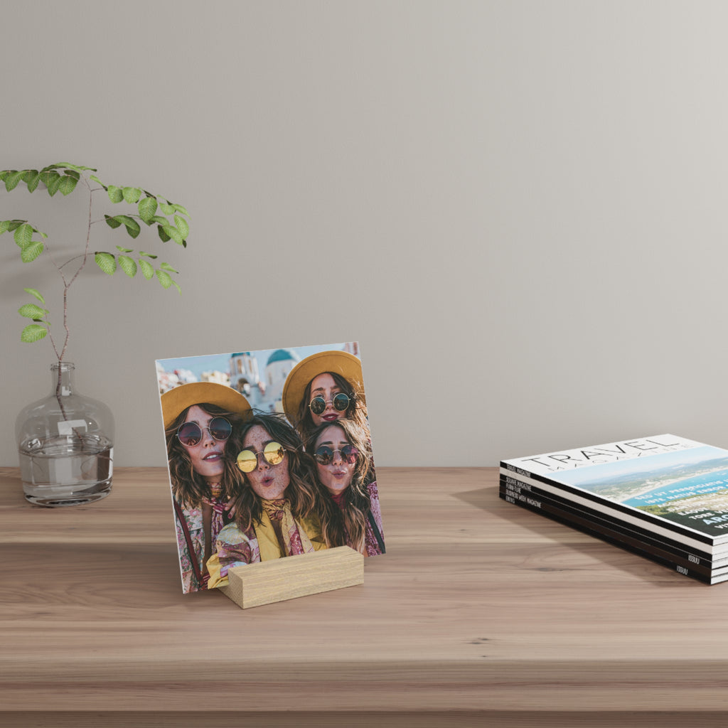 Personalized friends photo stand in a living room setting