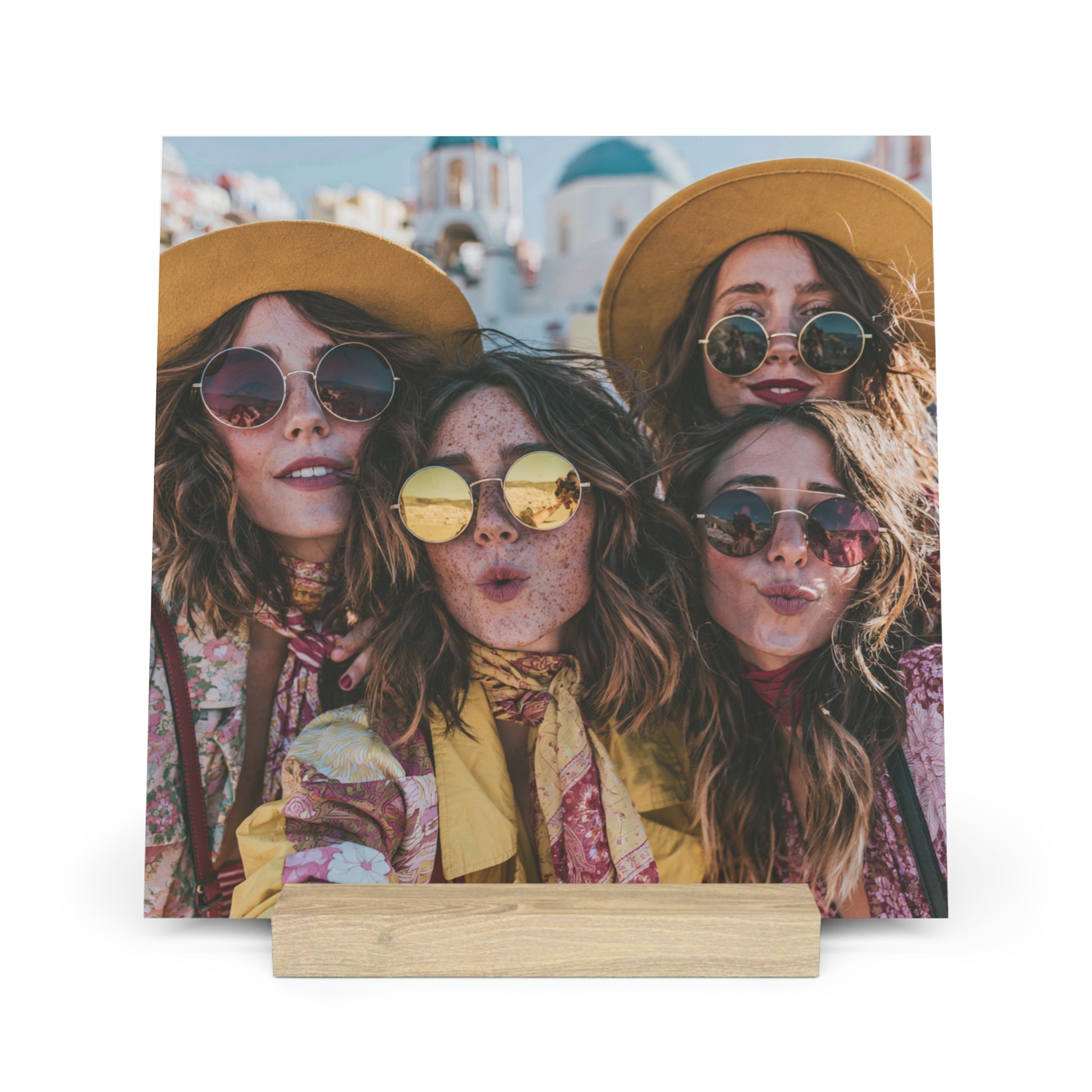 Personalized friends photo stand with photo of four women taking a group selfie