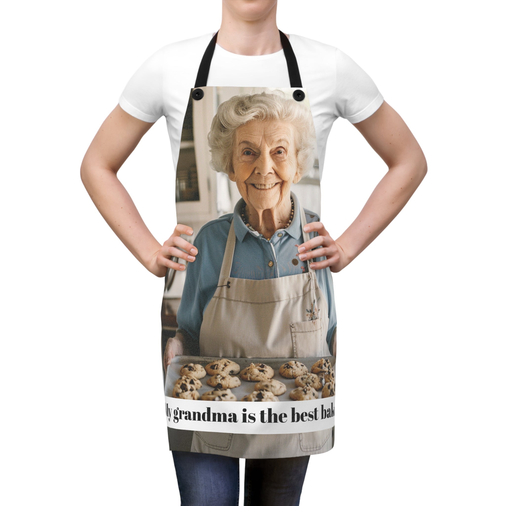 Close-up of photo print and text on personalized grandma apron