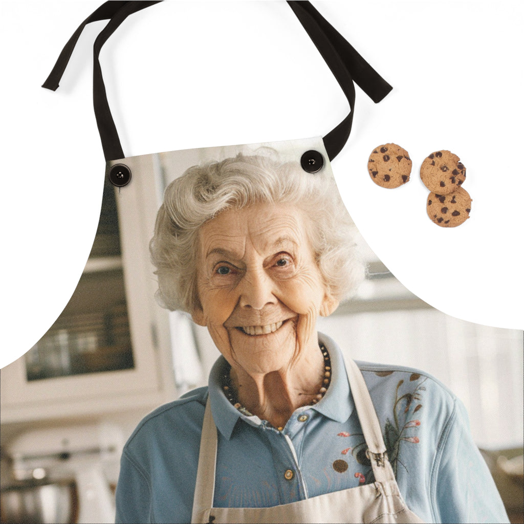Personalized grandma photo apron shown flat with adjustable straps
