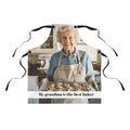 Personalized grandma photo apron with photo of grandma holding cookies and My grandma is the best baker text