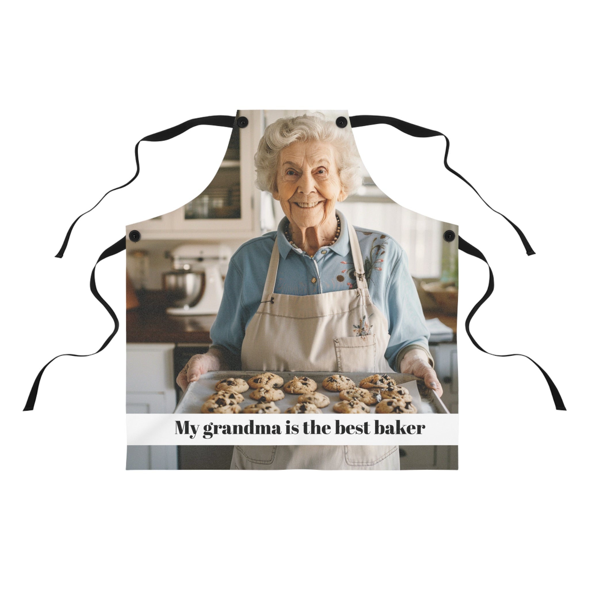 Personalized grandma photo apron with photo of grandma holding cookies and My grandma is the best baker text