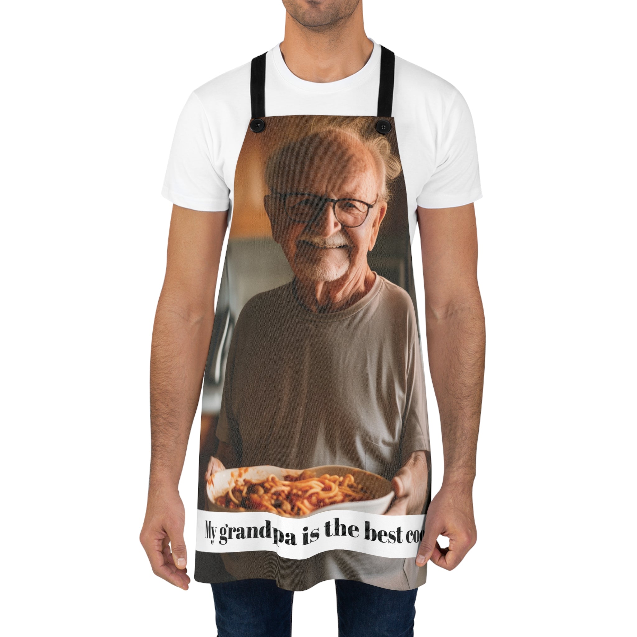 Close-up of photo print and text on personalized grandpa apron
