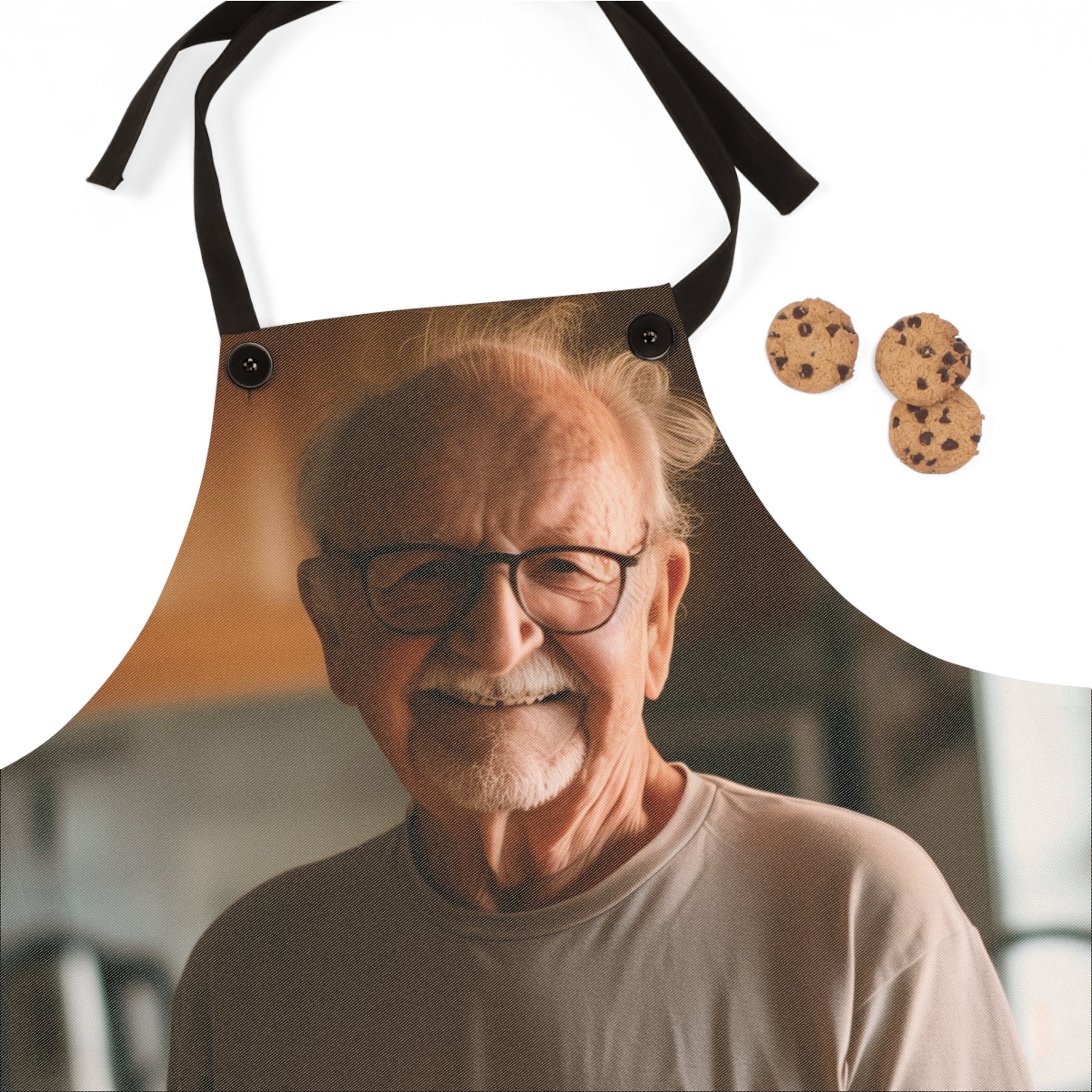 Personalized grandpa photo apron shown flat with adjustable straps