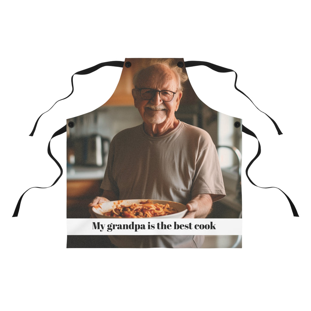 Personalized grandpa photo apron with photo of grandpa holding pasta and My grandpa is the best cook text