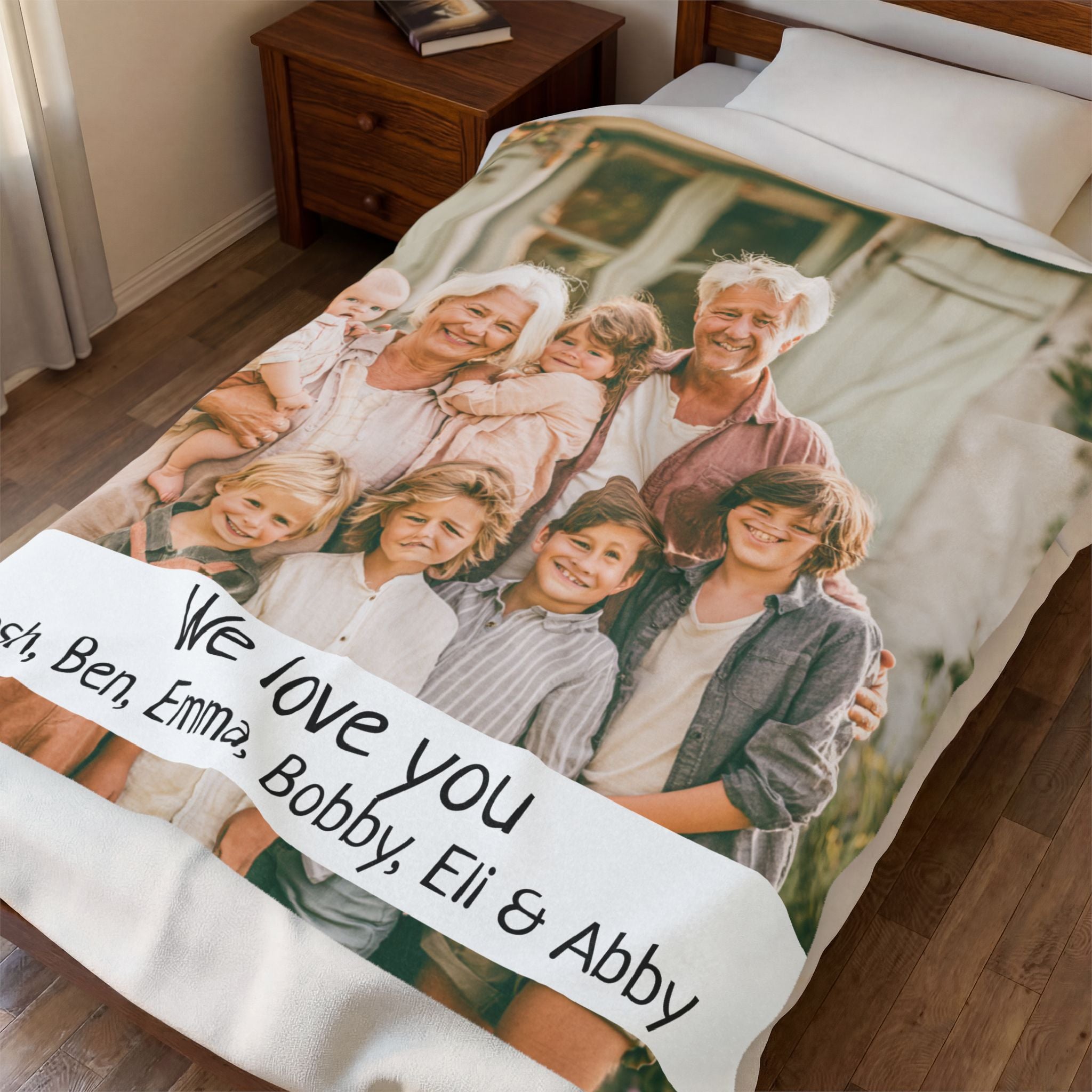 Close-up of personalized text and photo print on grandparents blanket
