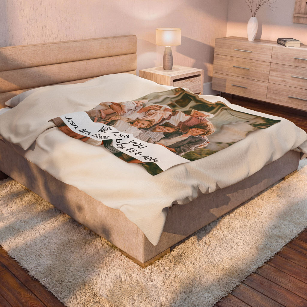 Personalized grandparents photo blanket folded showing double-stitched edge