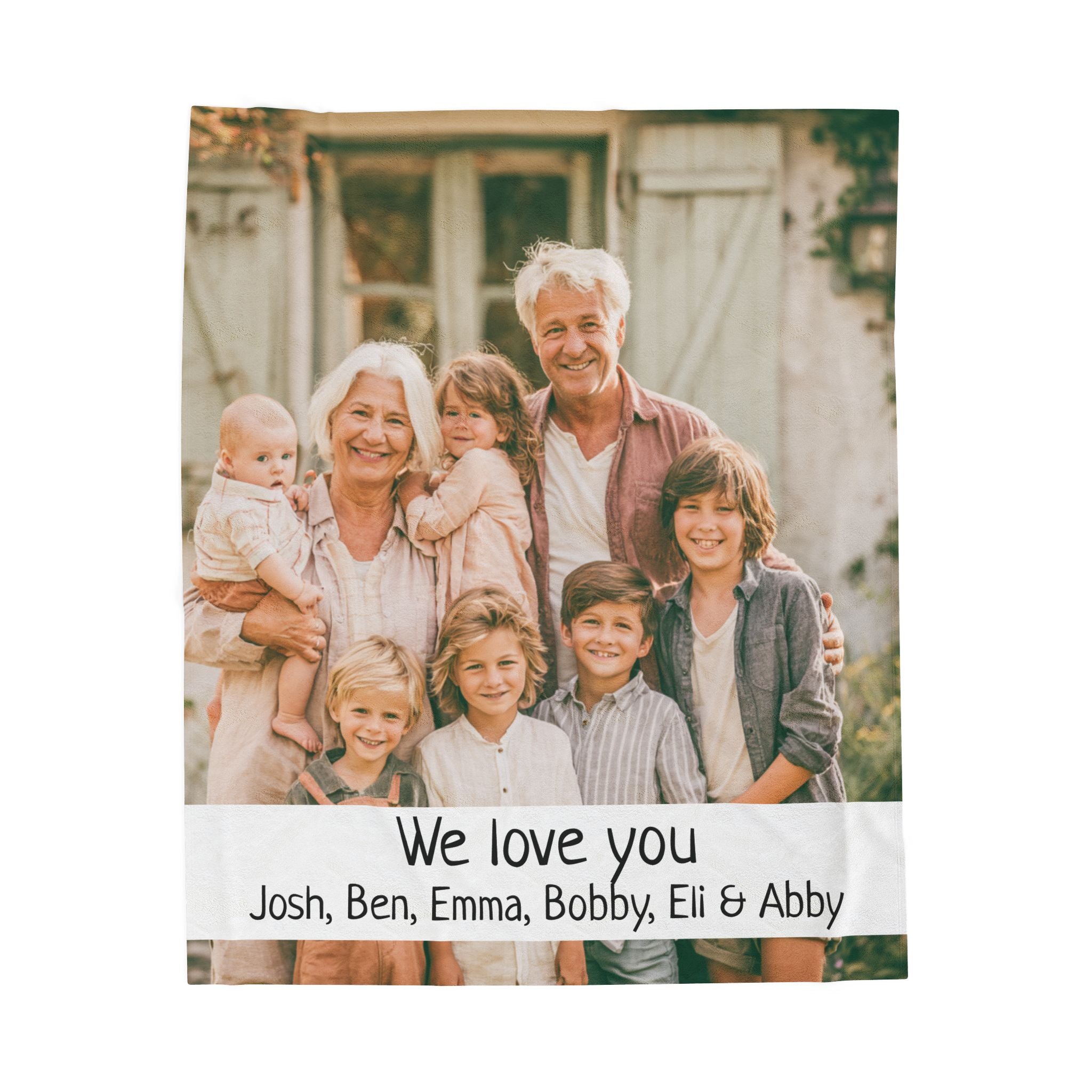 Personalized grandparents photo blanket with family portrait and We love you message