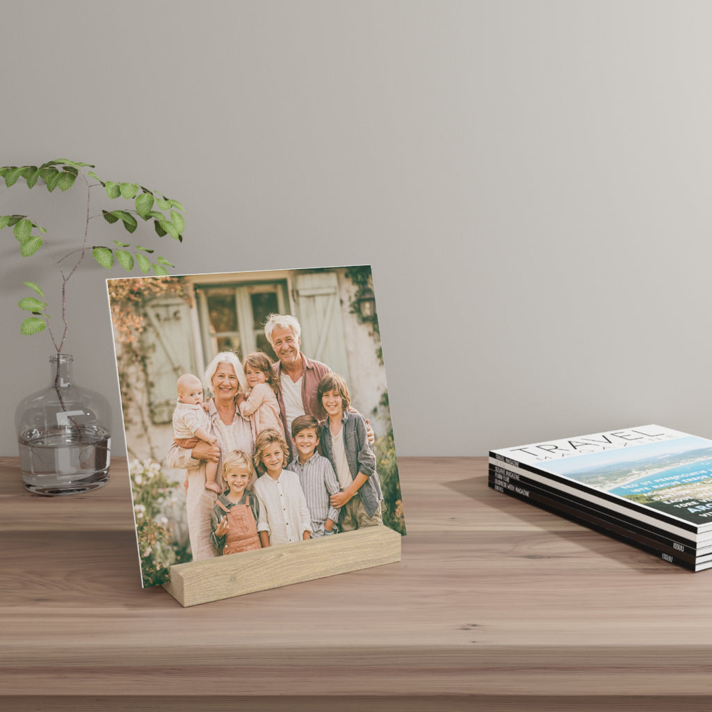 Personalized grandparents photo stand on a bookshelf with decor