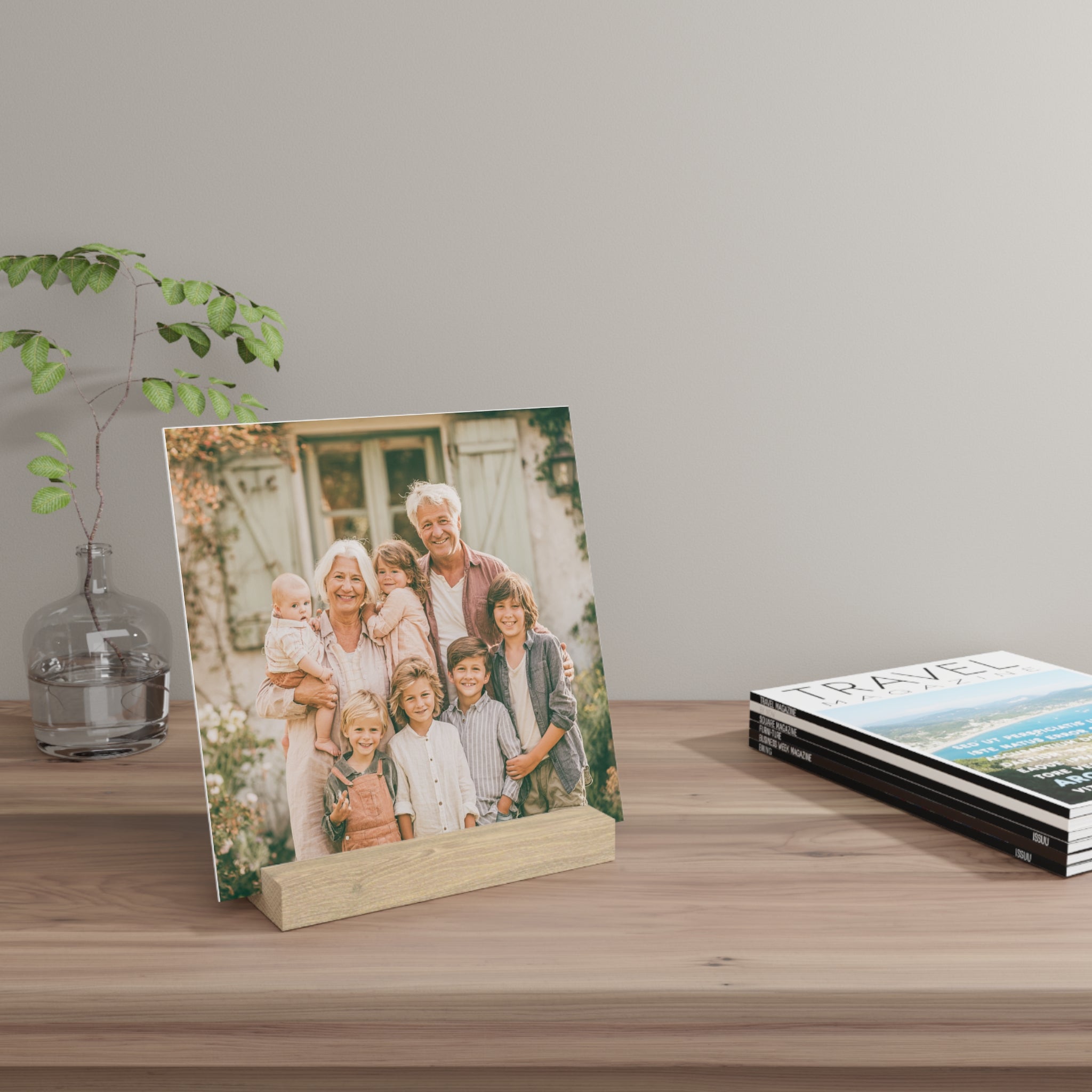 Personalized grandparents photo stand on a bookshelf with decor