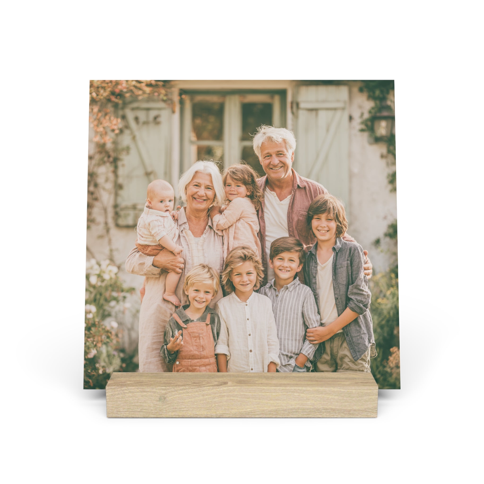 Close-up of oak stand on personalized grandparents photo print