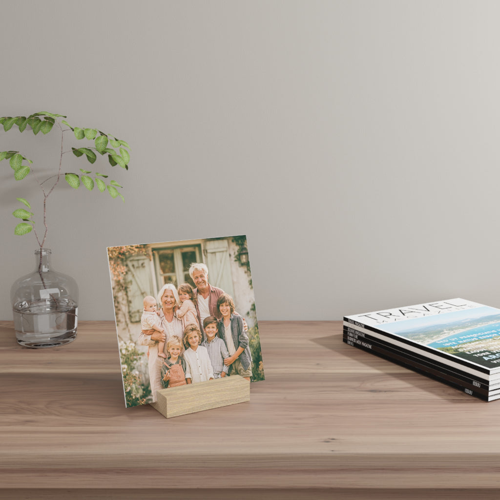 Personalized grandparents photo stand in a living room setting
