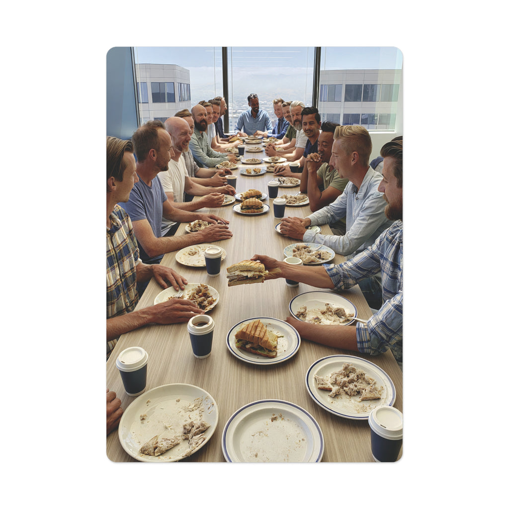 Personalized playing card with photo of a group having lunch in an office