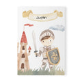 Personalized knight notebook cover with knight, castle, and custom name banner
