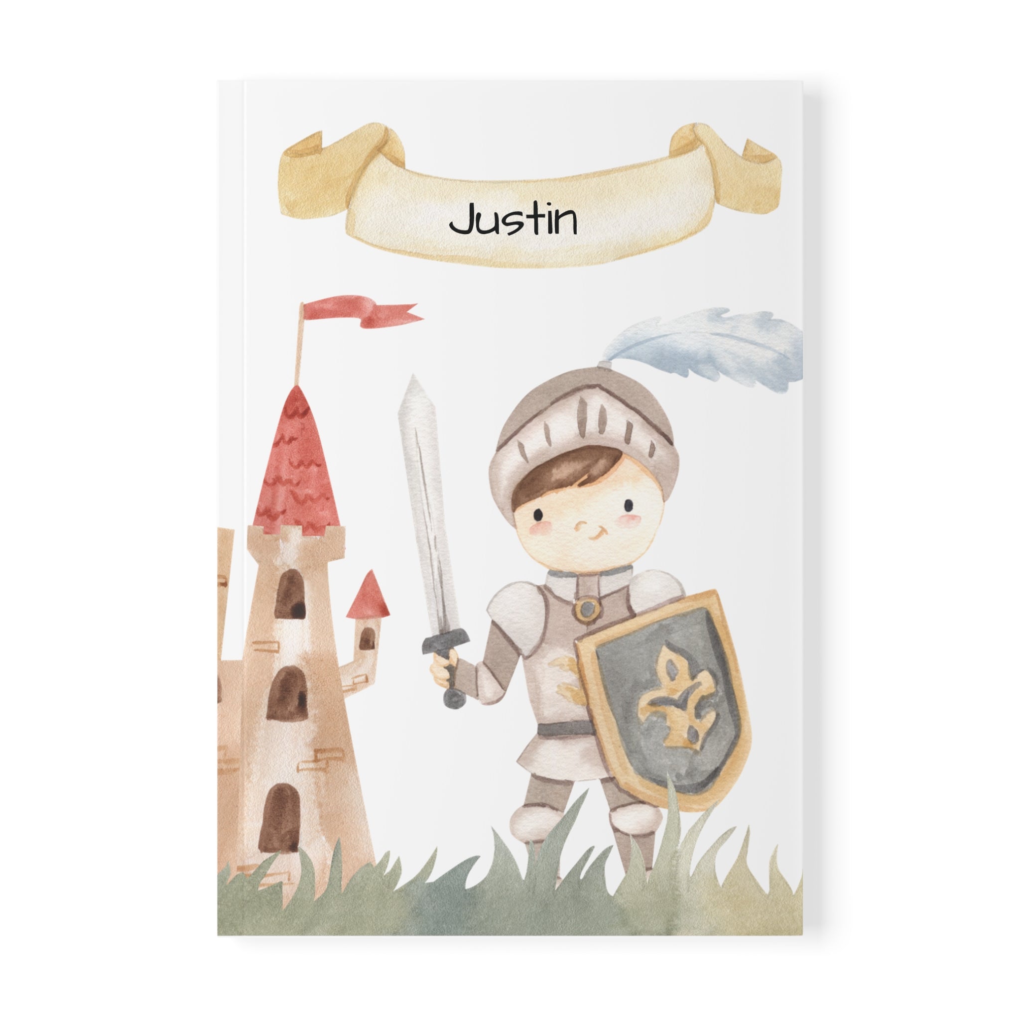 Personalized knight notebook cover with knight, castle, and custom name banner