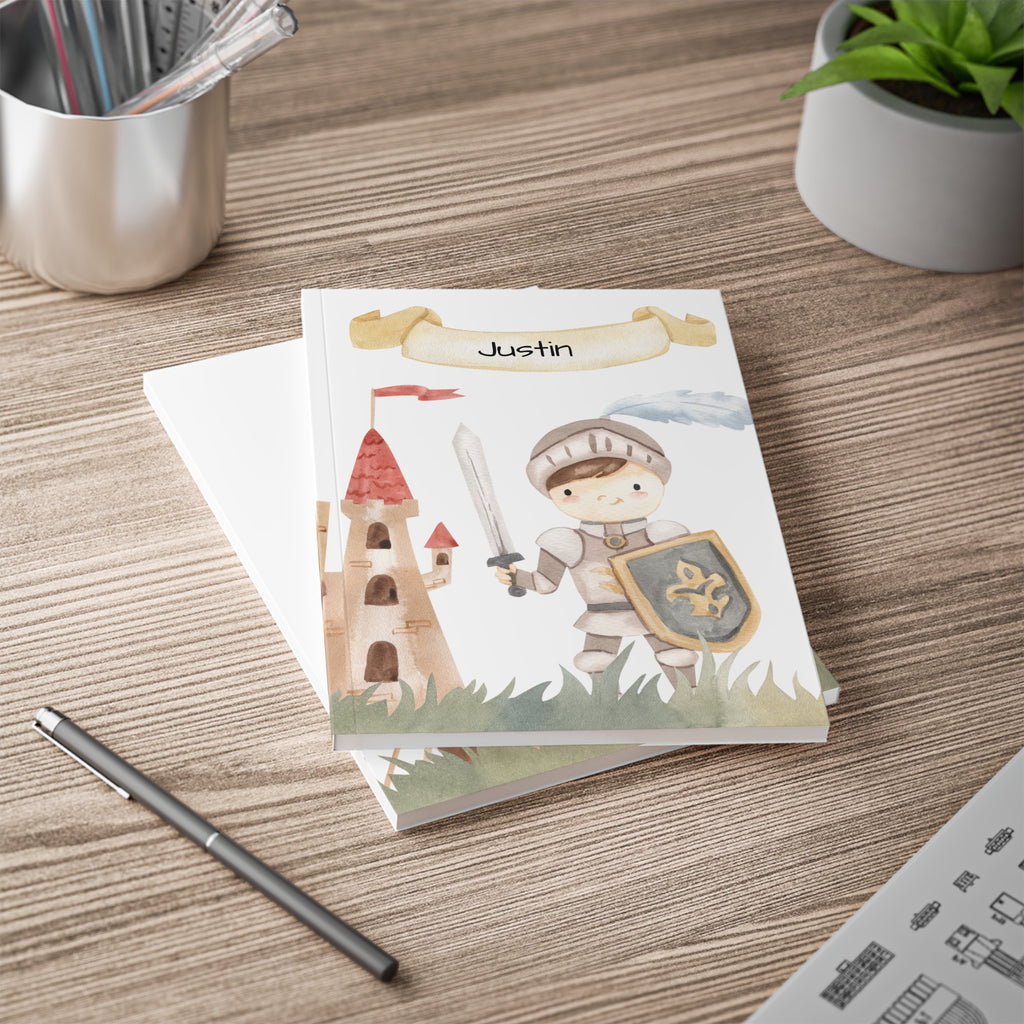 Personalized knight notebook shown open lying flat