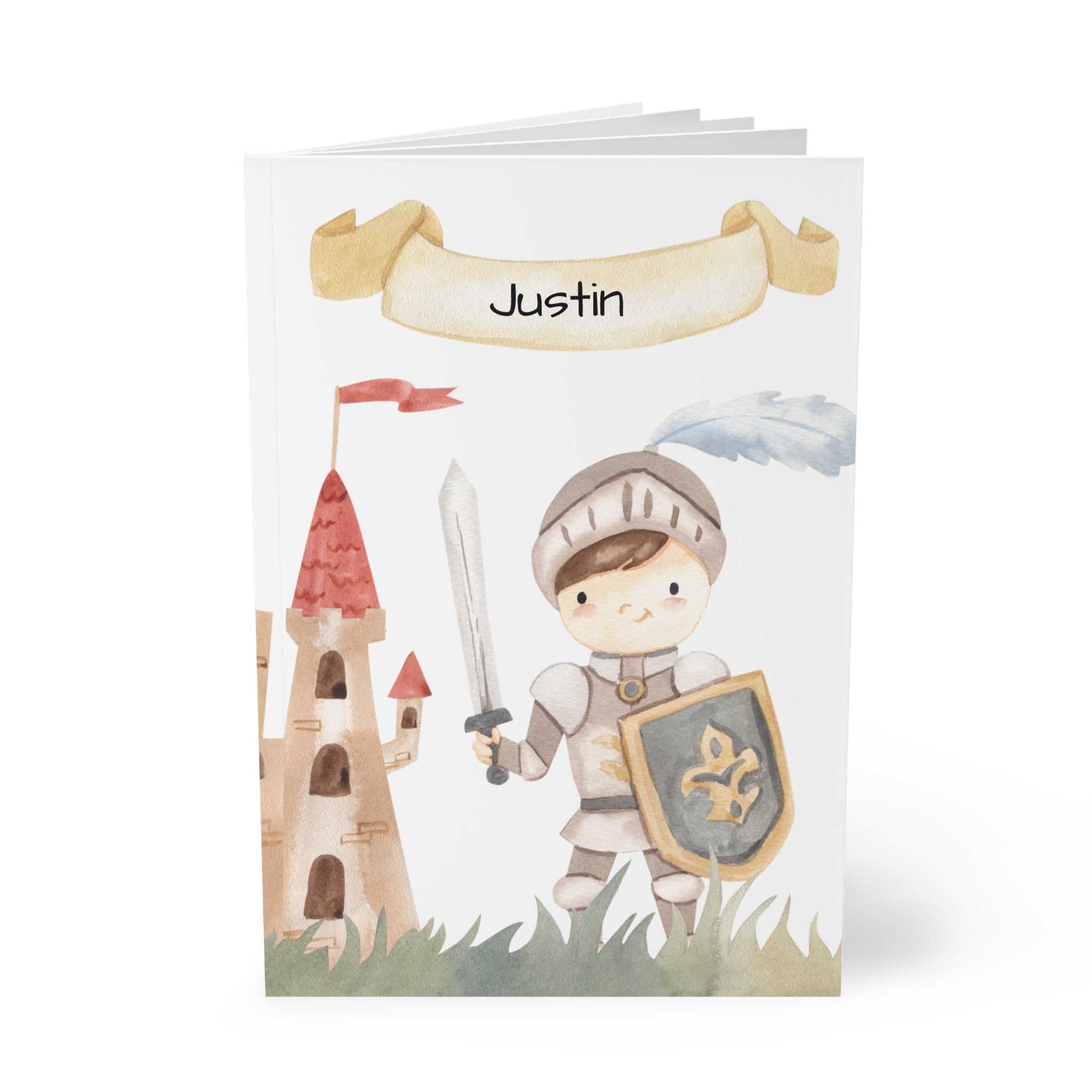 Personalized knight notebook held in hand showing A5 size