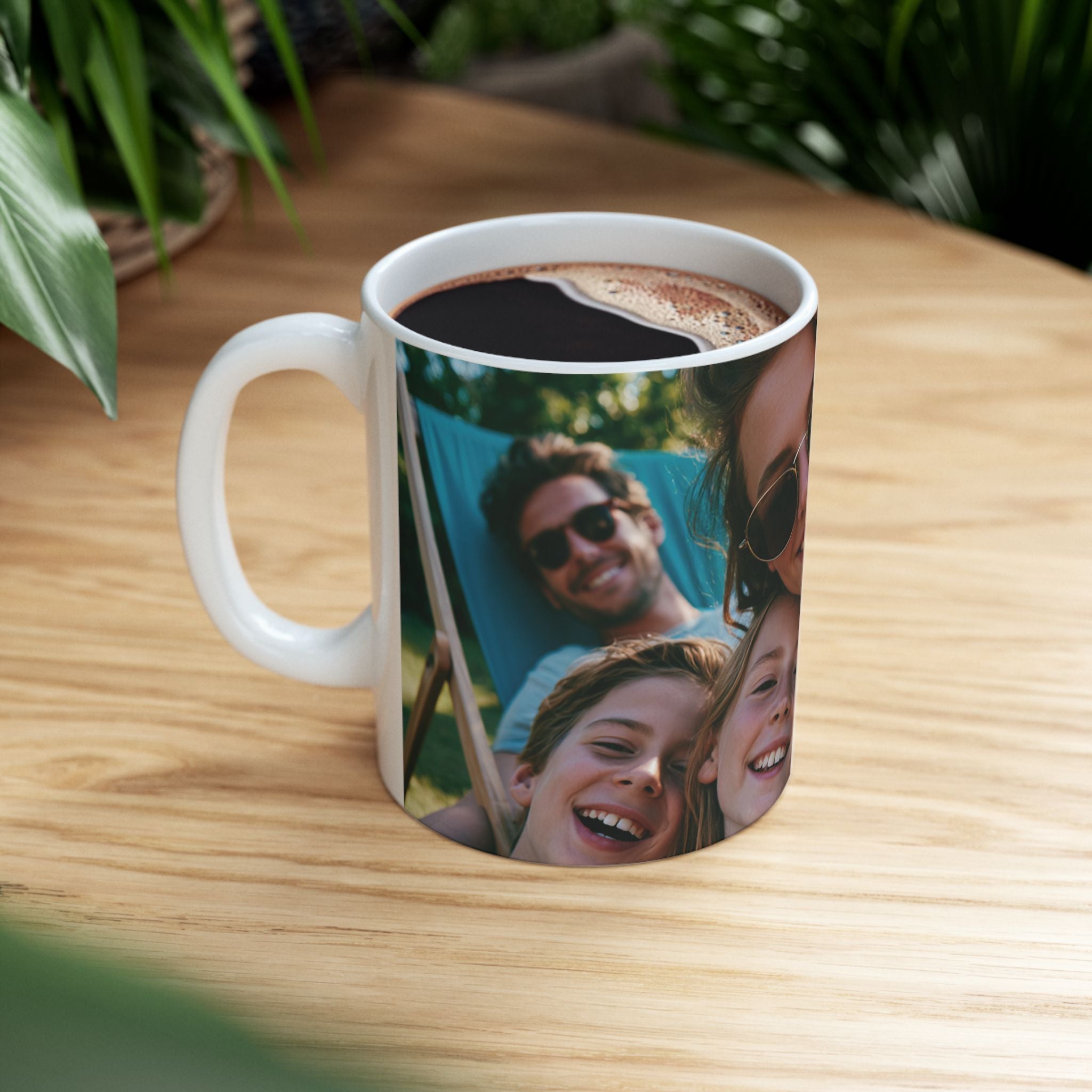 Personalized photo mug displayed on a home shelf