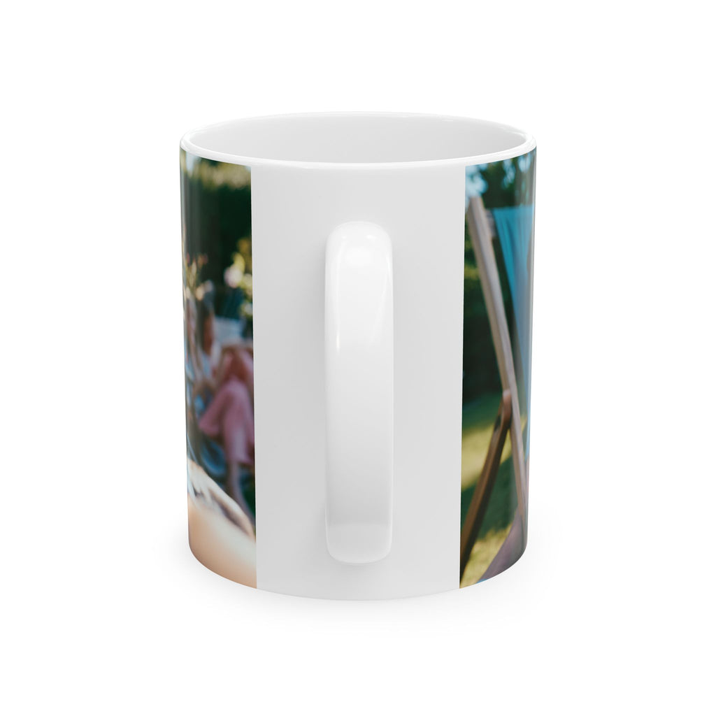 Personalized photo mug held in hand on a kitchen counter