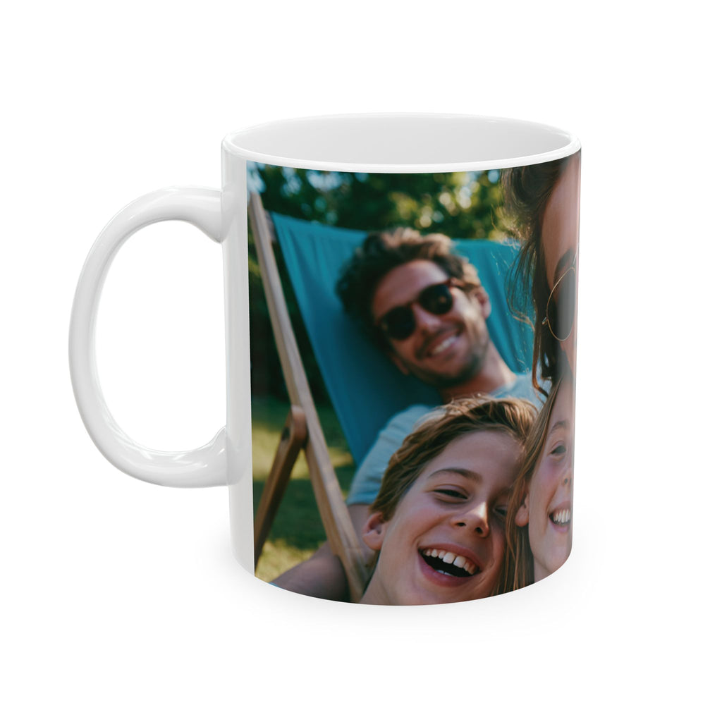 Personalized photo mug shown from the side with C-handle