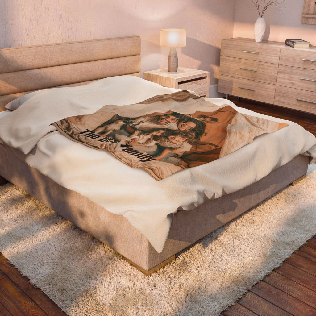 Personalized mom photo blanket draped over an armchair
