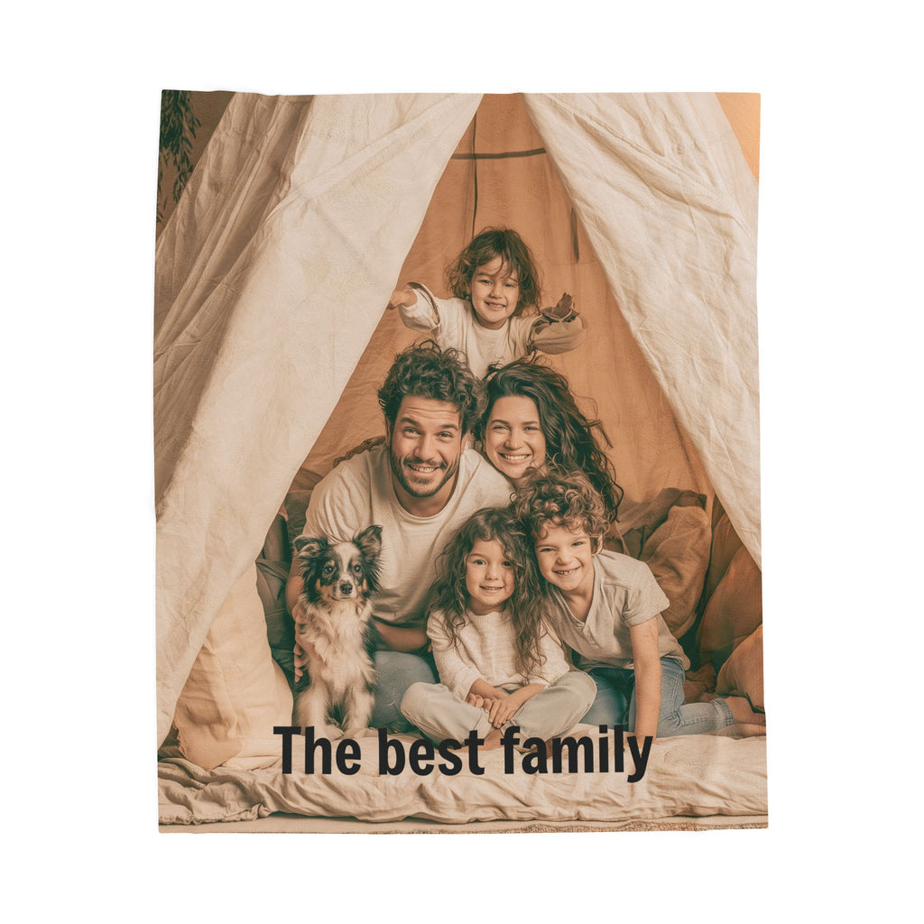 Personalized mom photo blanket draped over a couch