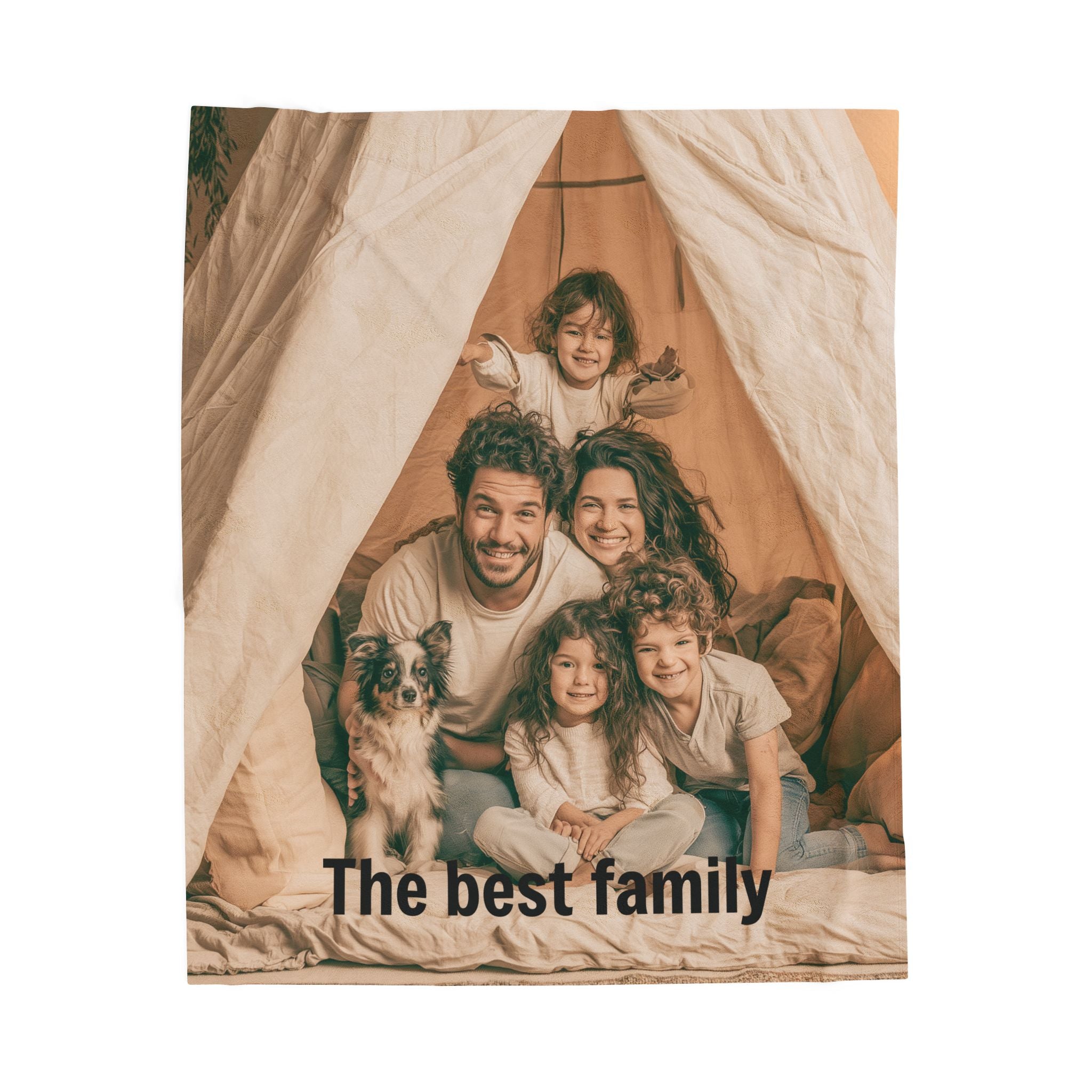 Personalized mom photo blanket draped over a couch