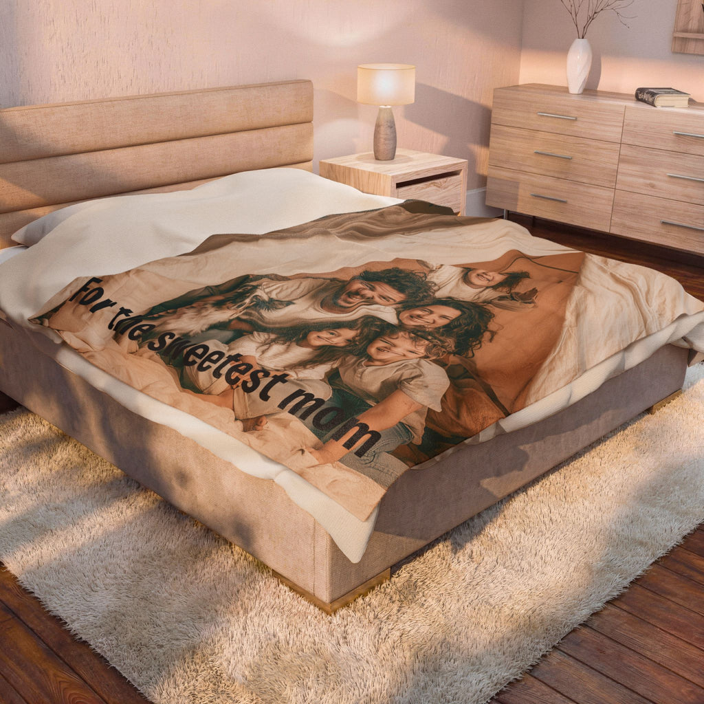 Personalized mom photo blanket draped over shoulders