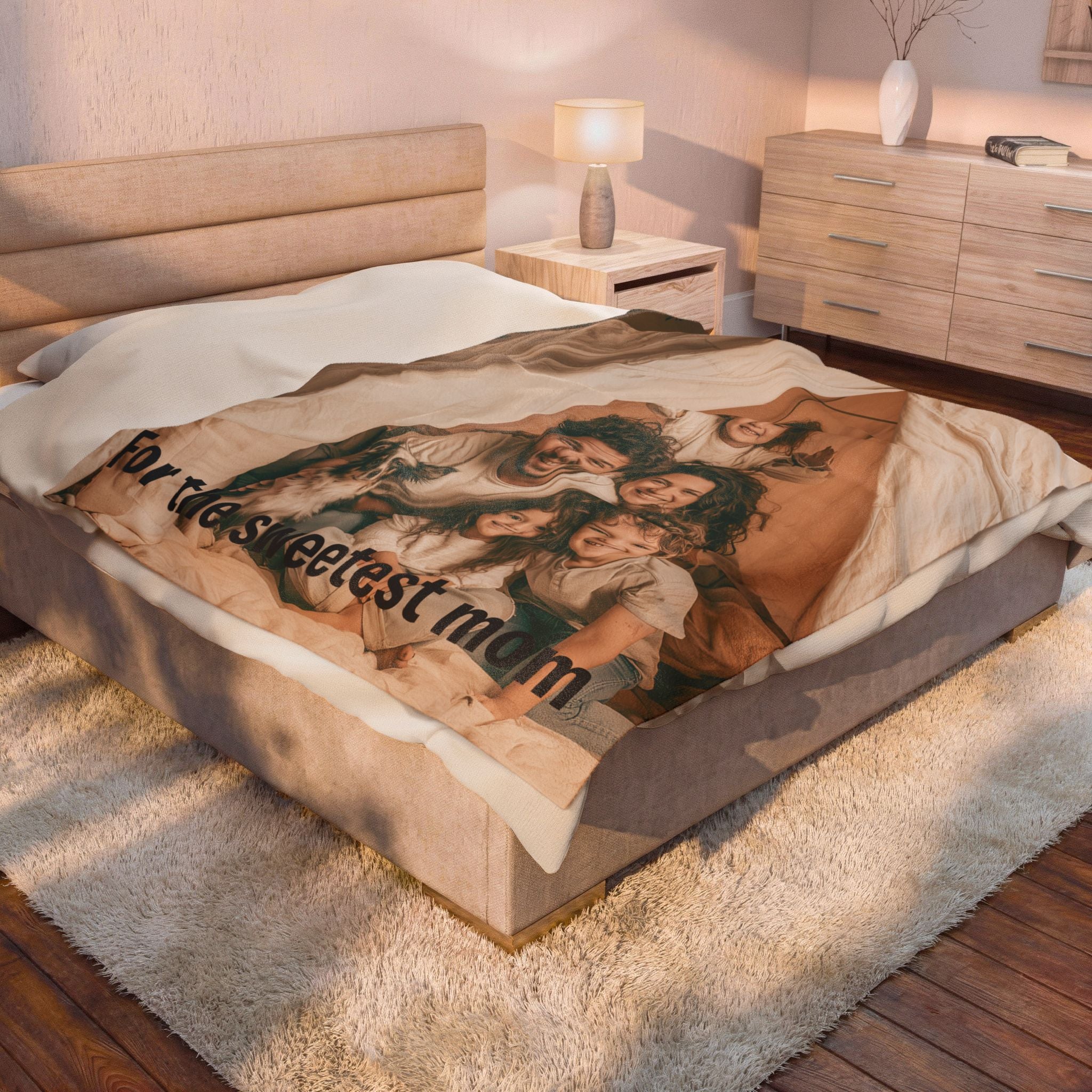 Personalized mom photo blanket draped over shoulders