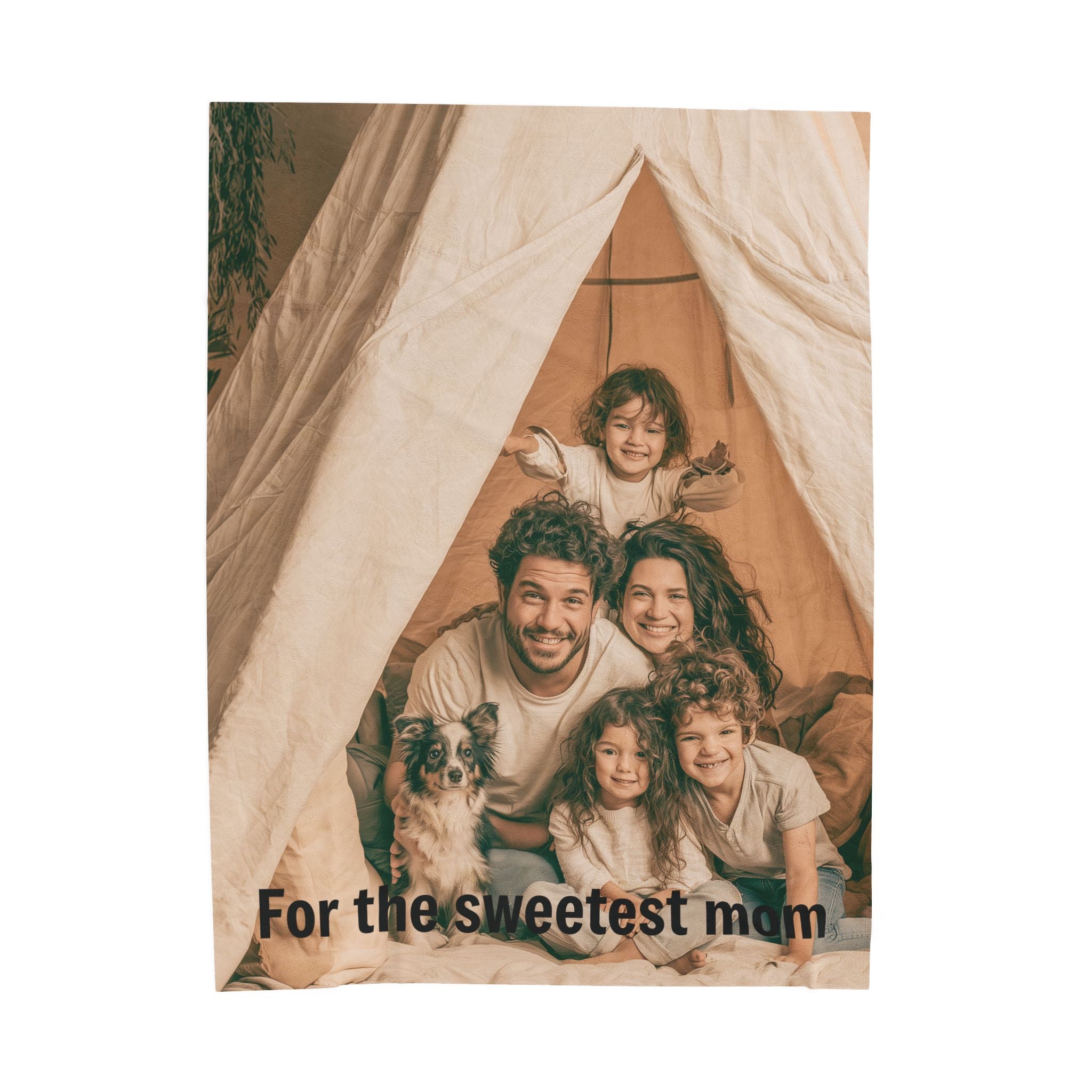 Personalized mom photo blanket with For the sweetest mom text and tent scene design