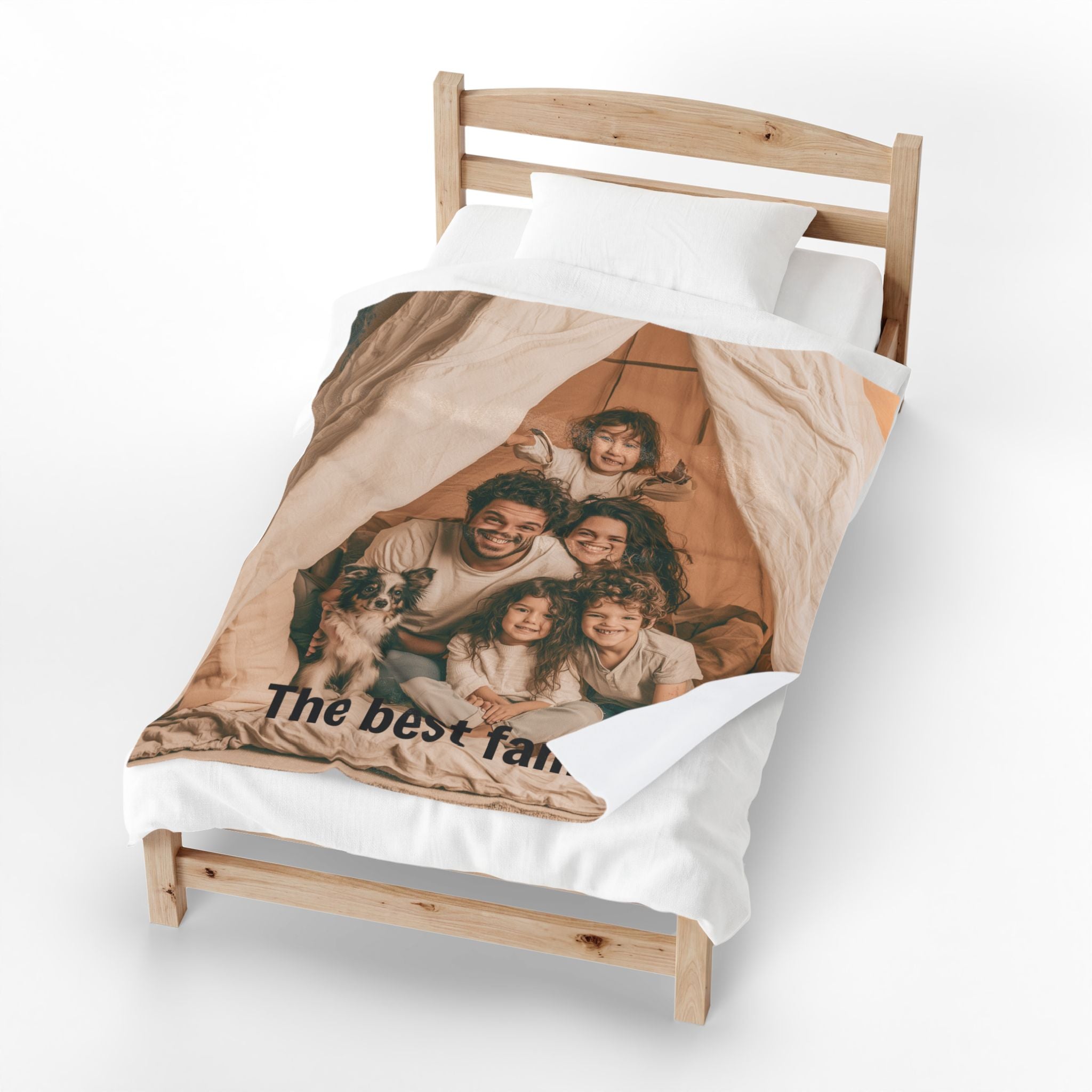 Personalized mom photo blanket displayed on a shelf