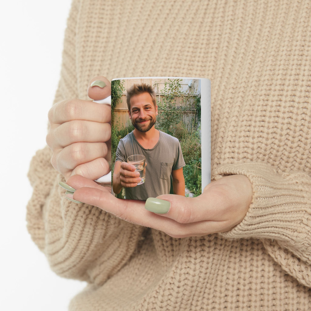 Close-up of personalized photo mug for him showing print detail