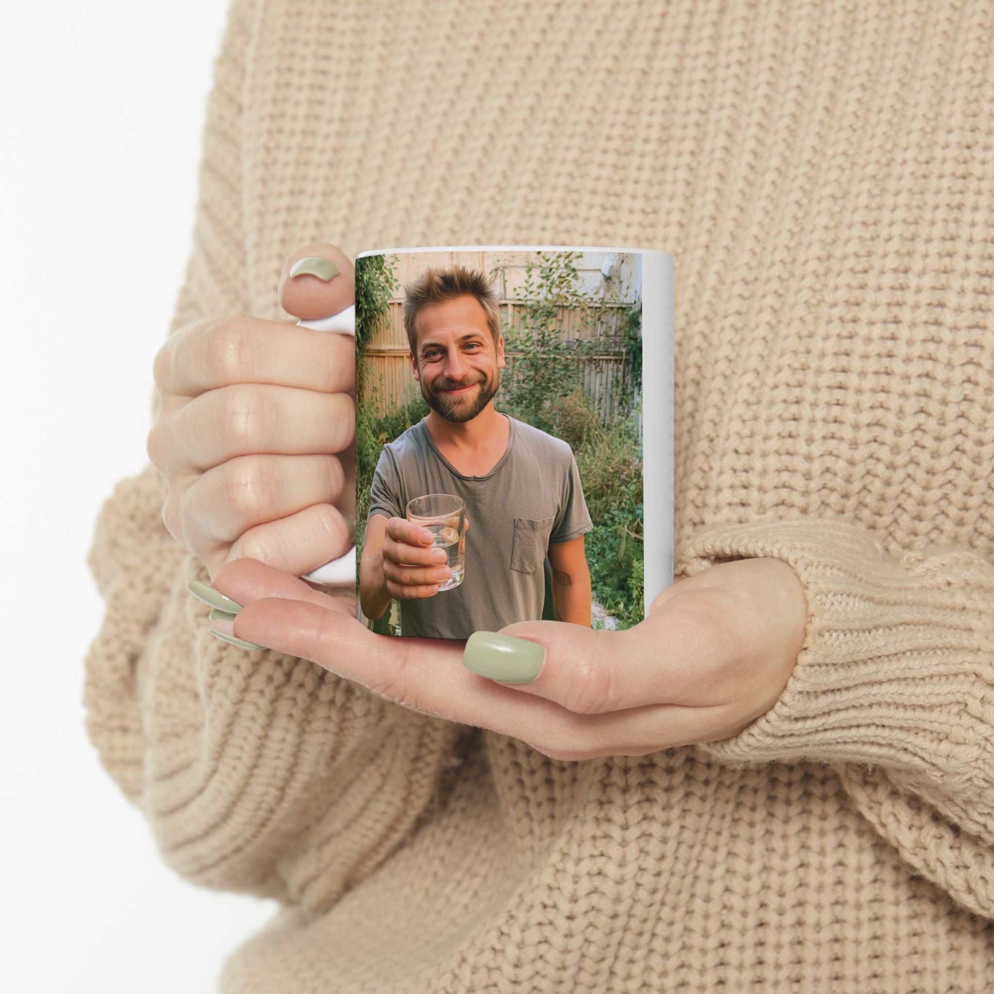Close-up of personalized photo mug for him showing print detail