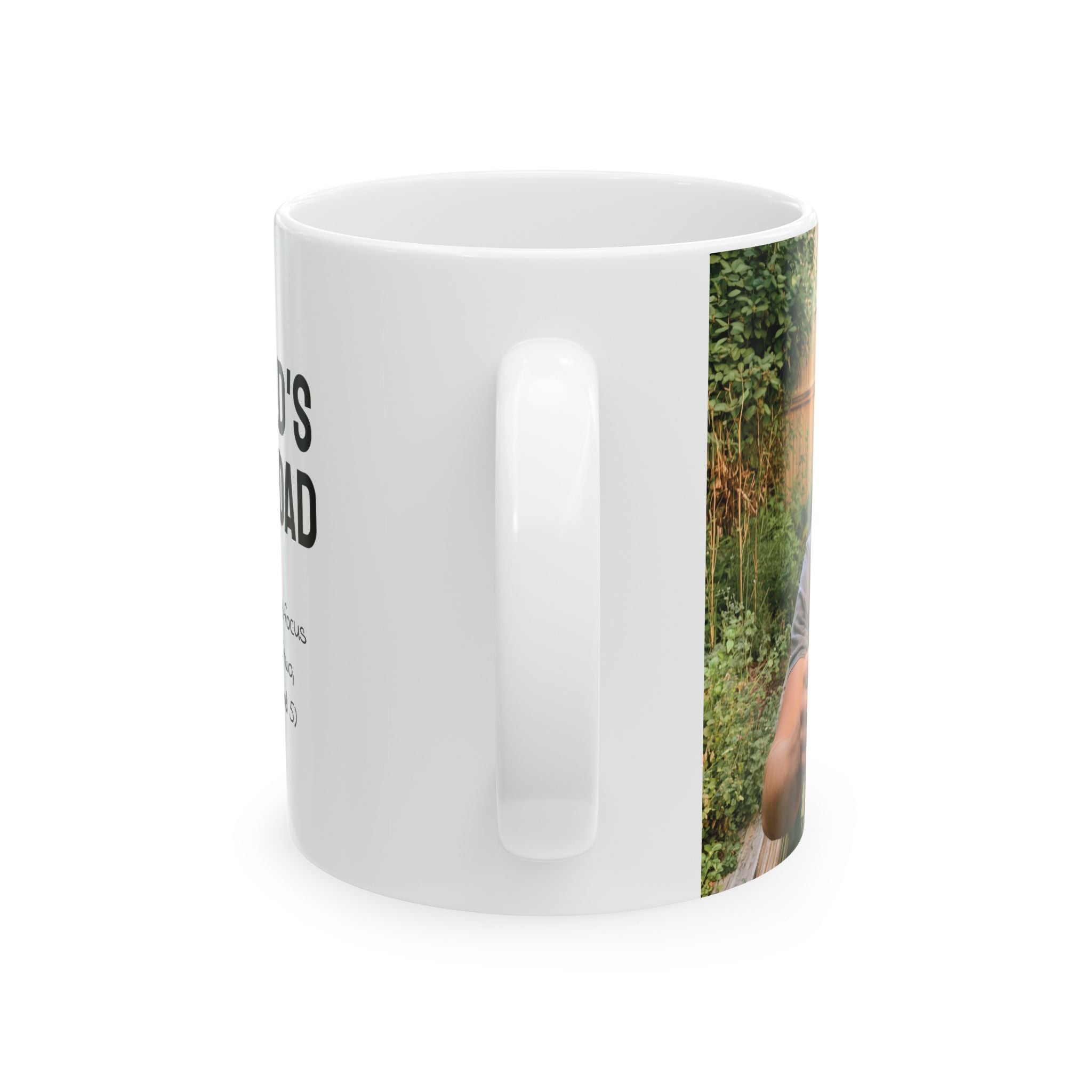 Personalized photo mug for him held in hand outdoors
