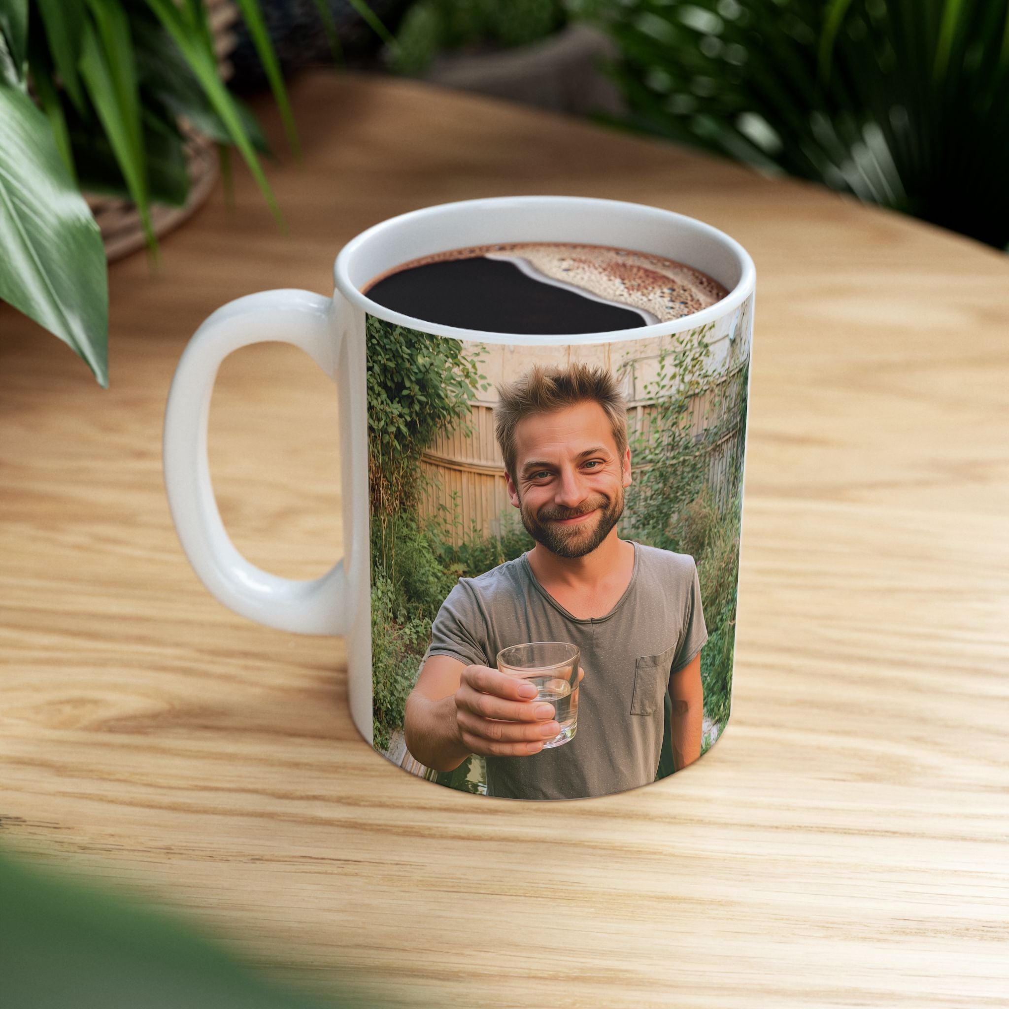 Personalized photo mug with man raising a glass in a garden