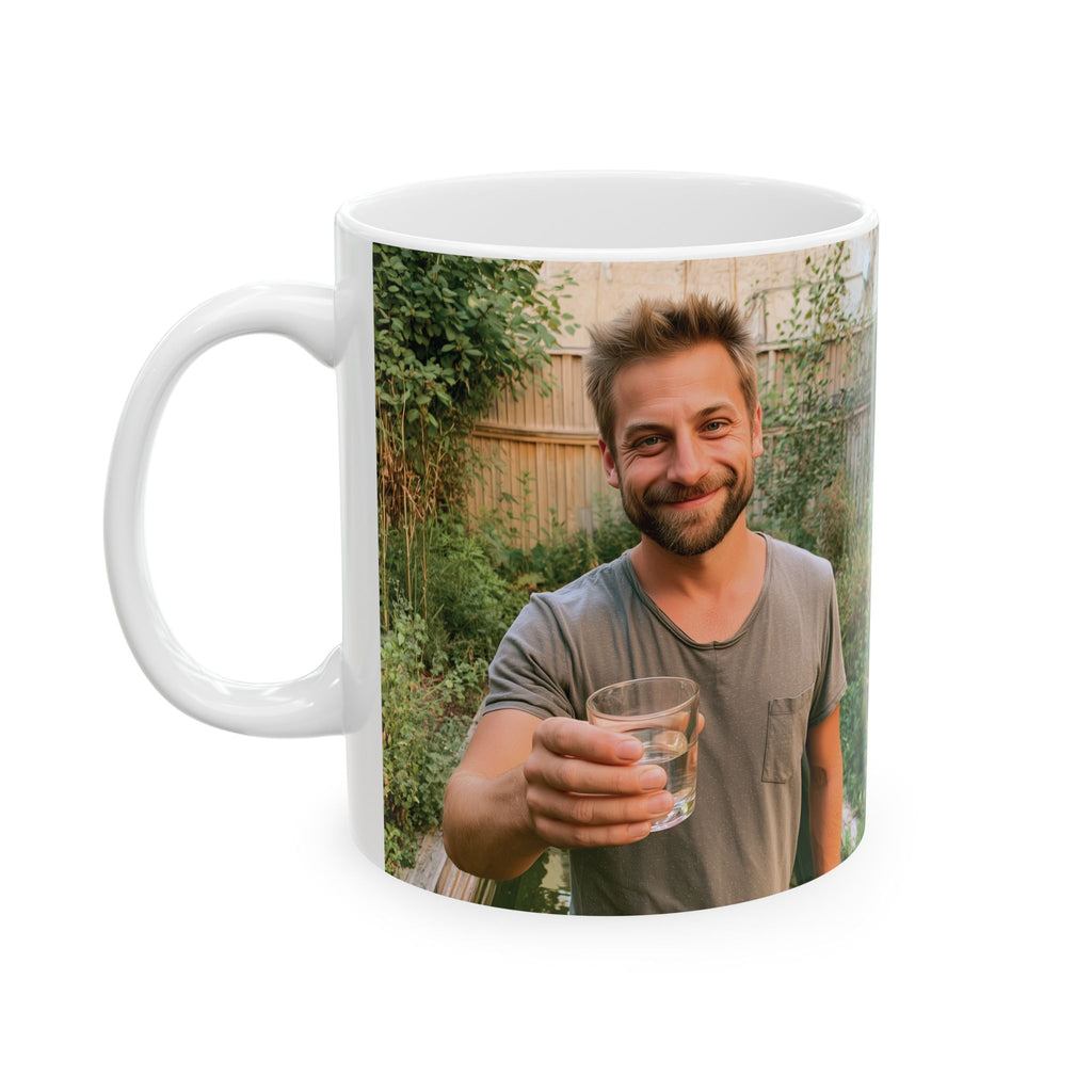 Personalized photo mug for him shown from the side with C-handle