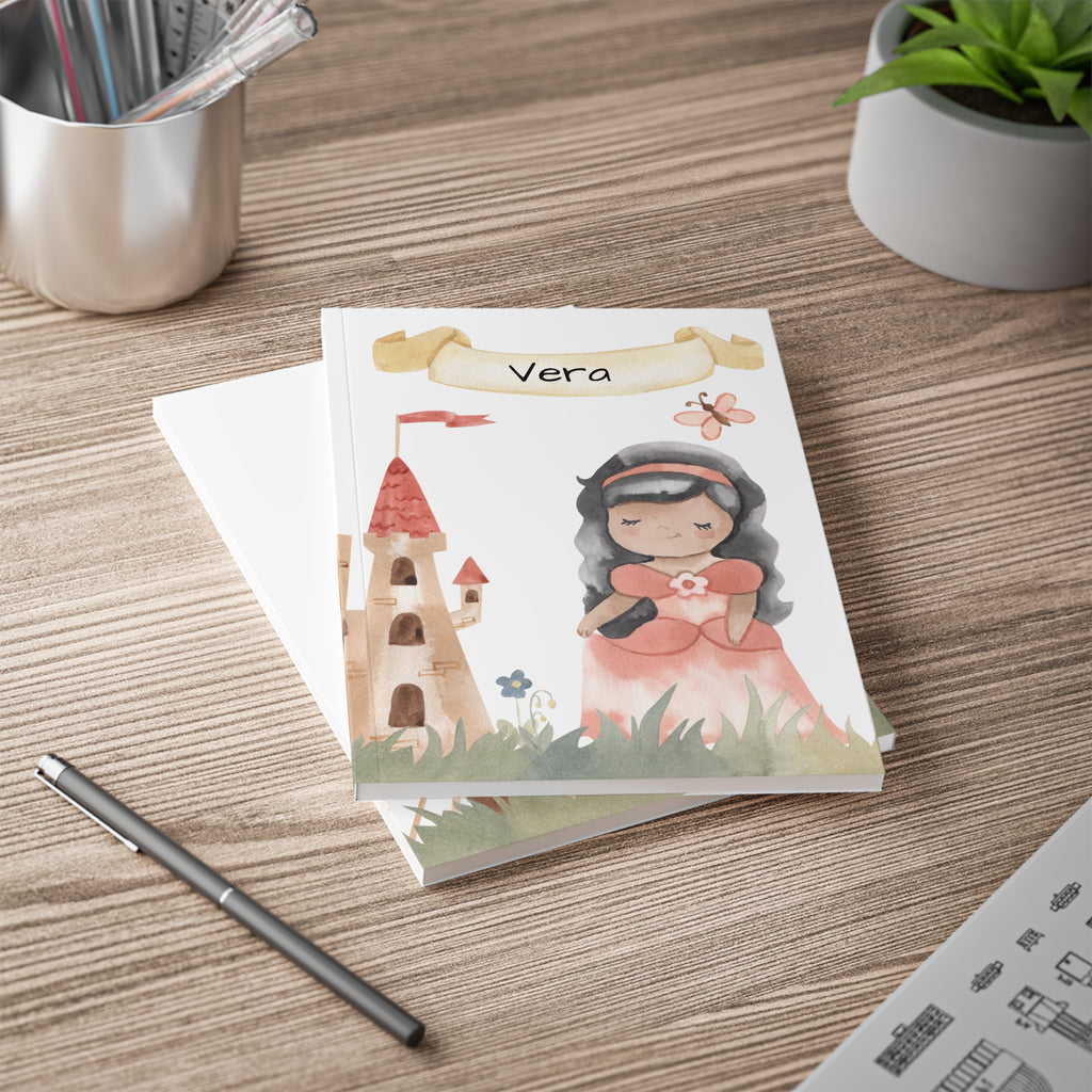 Personalized princess notebook shown open lying flat
