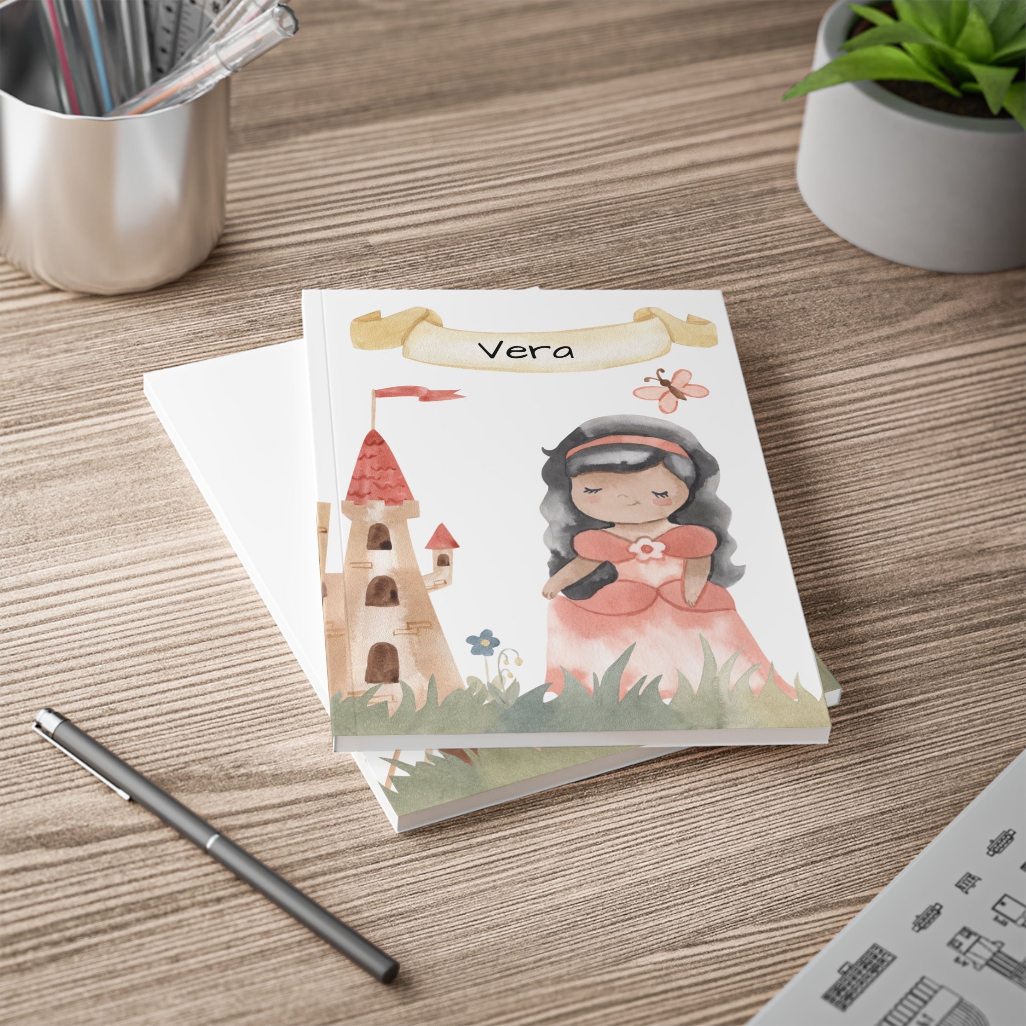 Personalized princess notebook shown open lying flat