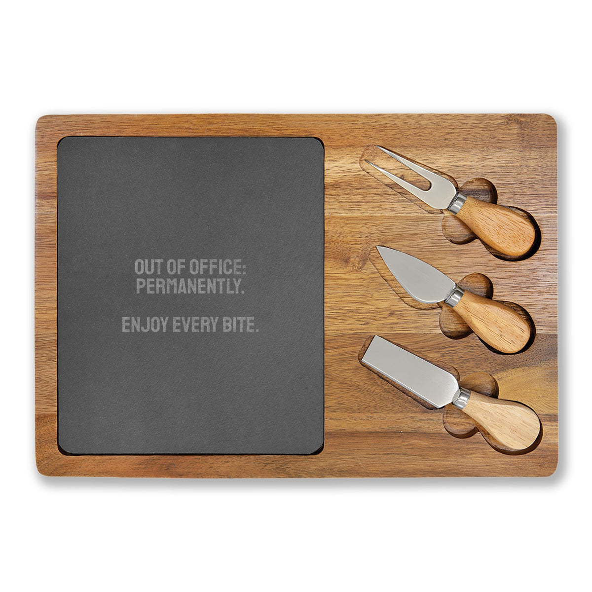 Personalized rectangular retirement cheese board with engraved out of office message and three knives