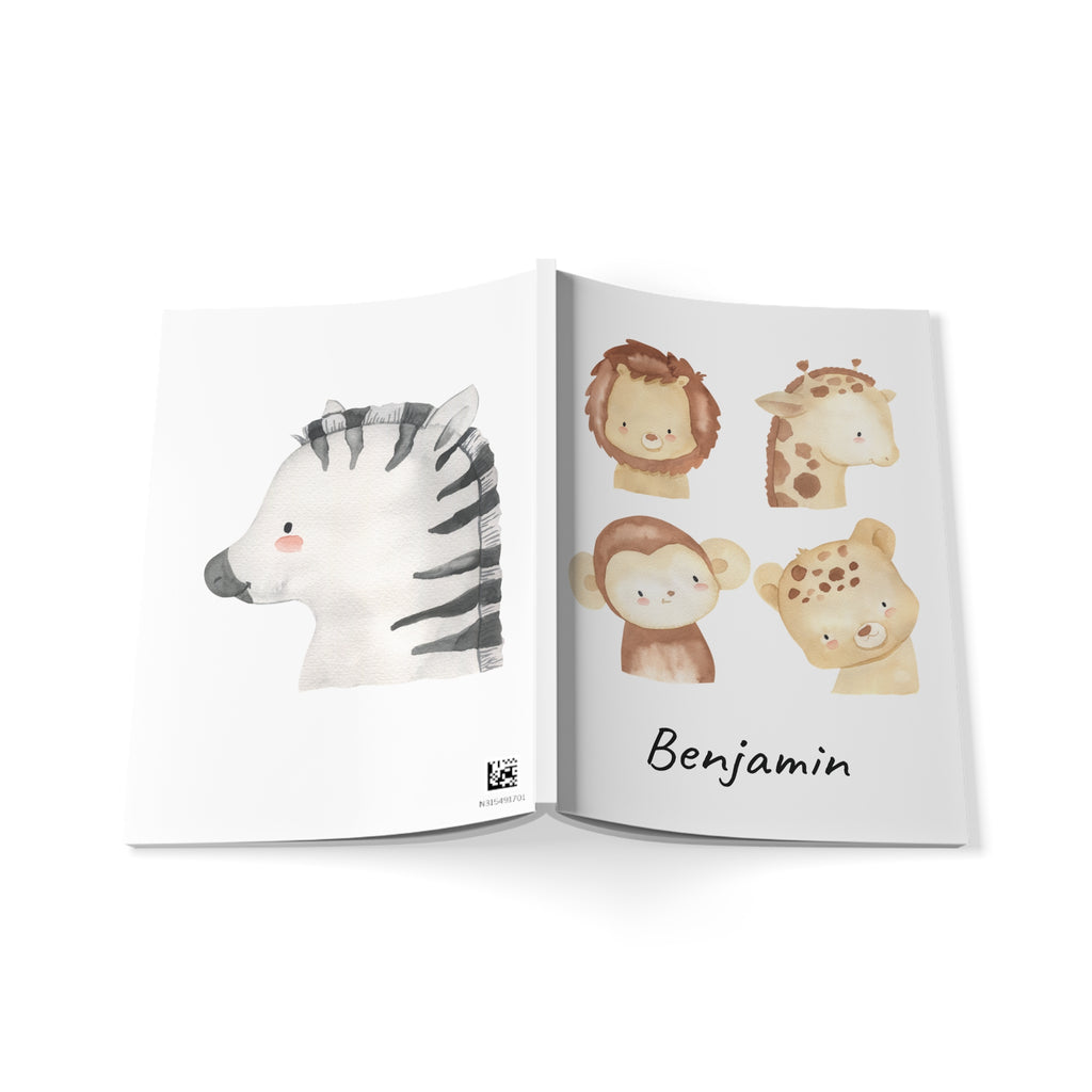 Personalized safari animals notebook displayed on a desk