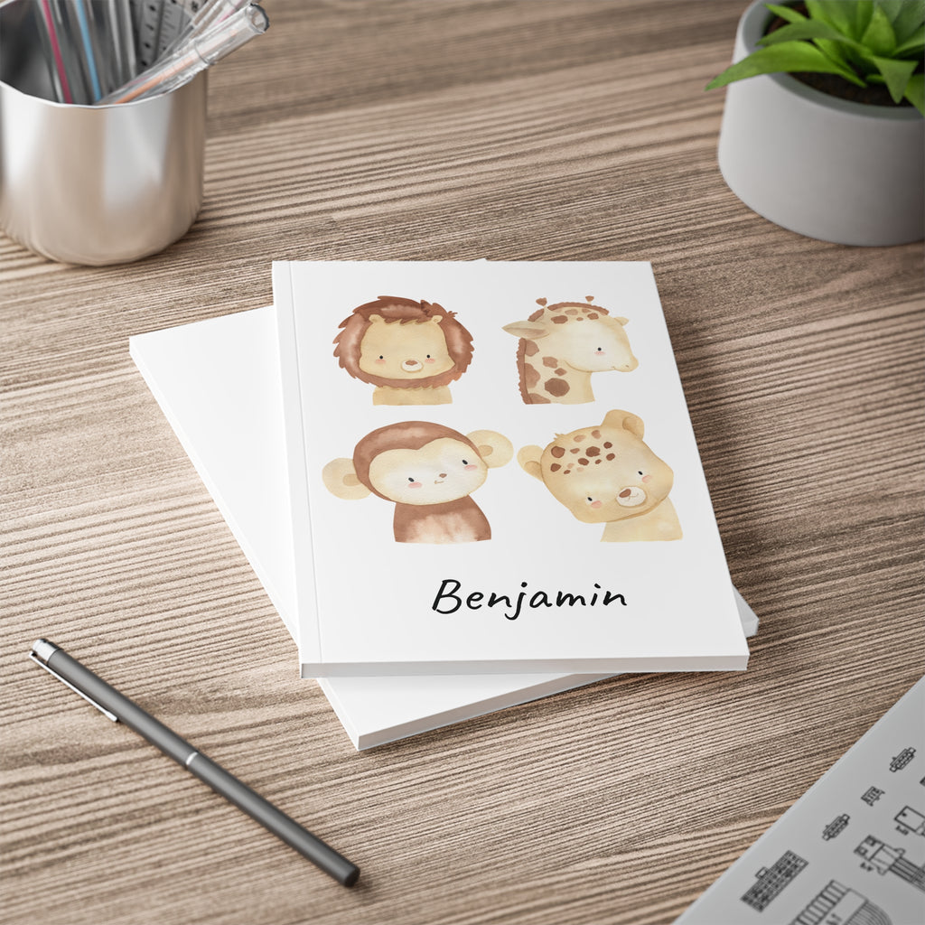 Personalized safari animals notebook shown open lying flat