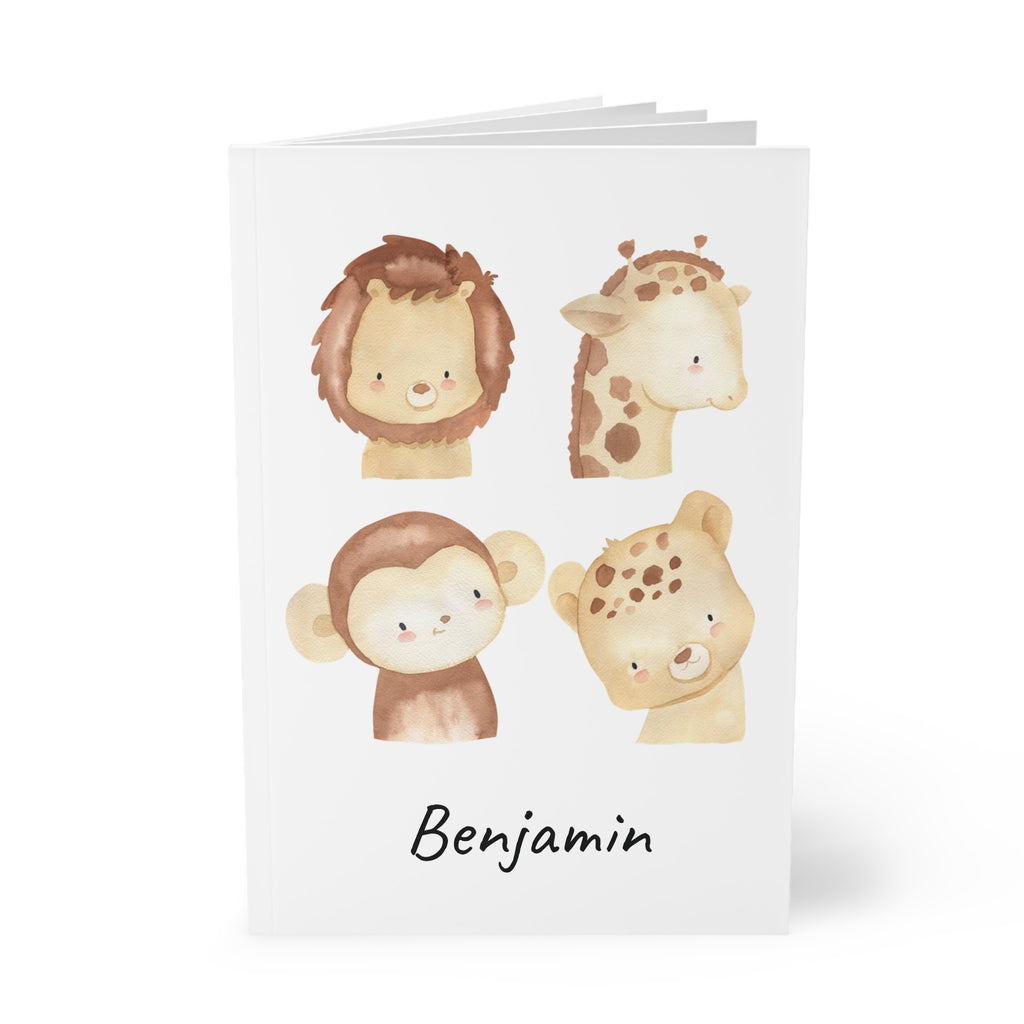 Personalized safari animals notebook held in hand showing A5 size