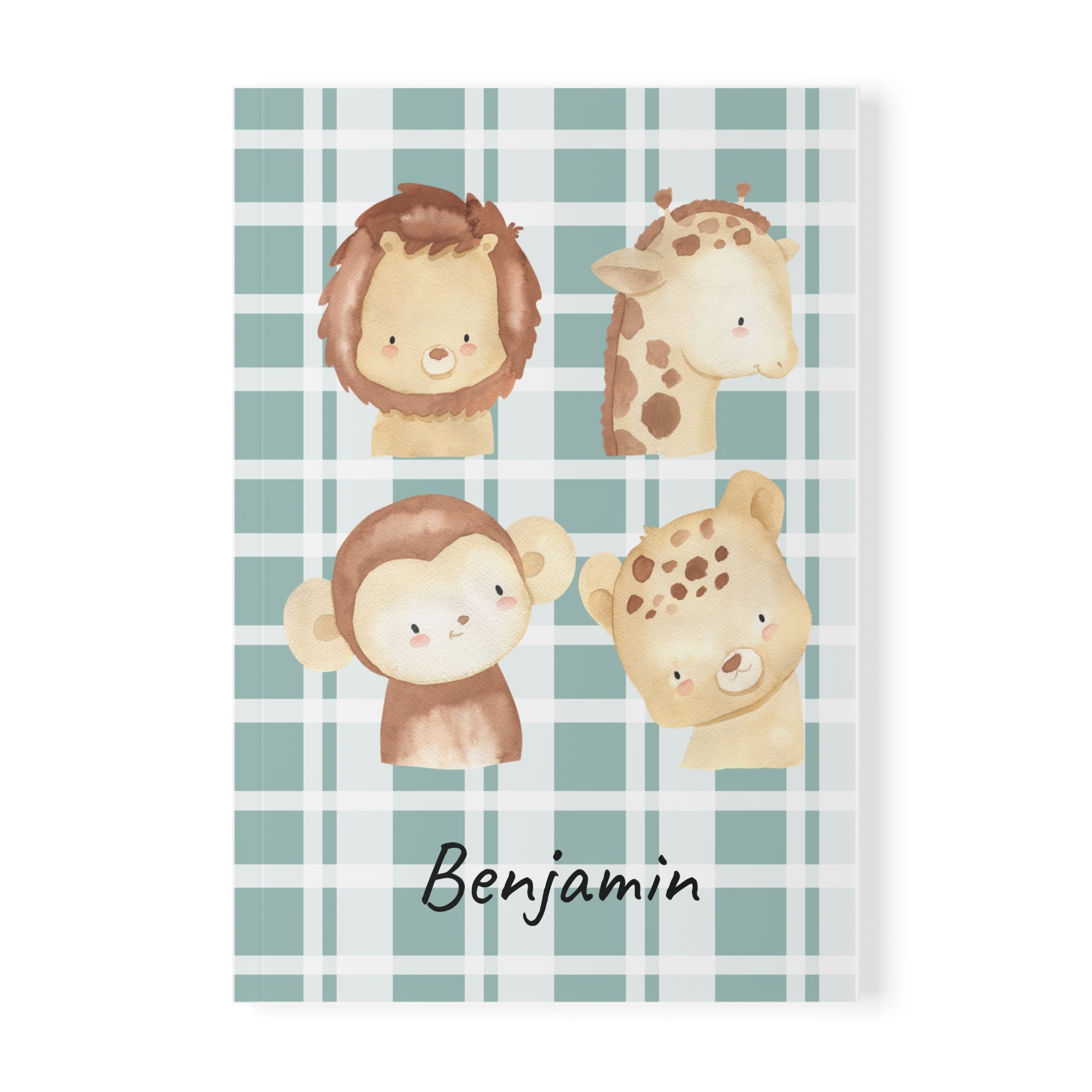 Personalized safari plaid notebook cover with lion, giraffe, monkey, leopard on green plaid background and custom name