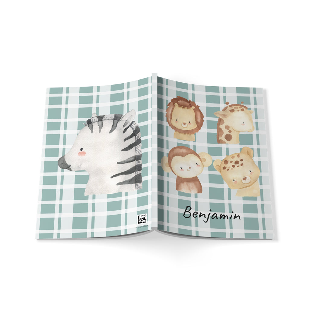 Personalized safari plaid notebook displayed on a desk