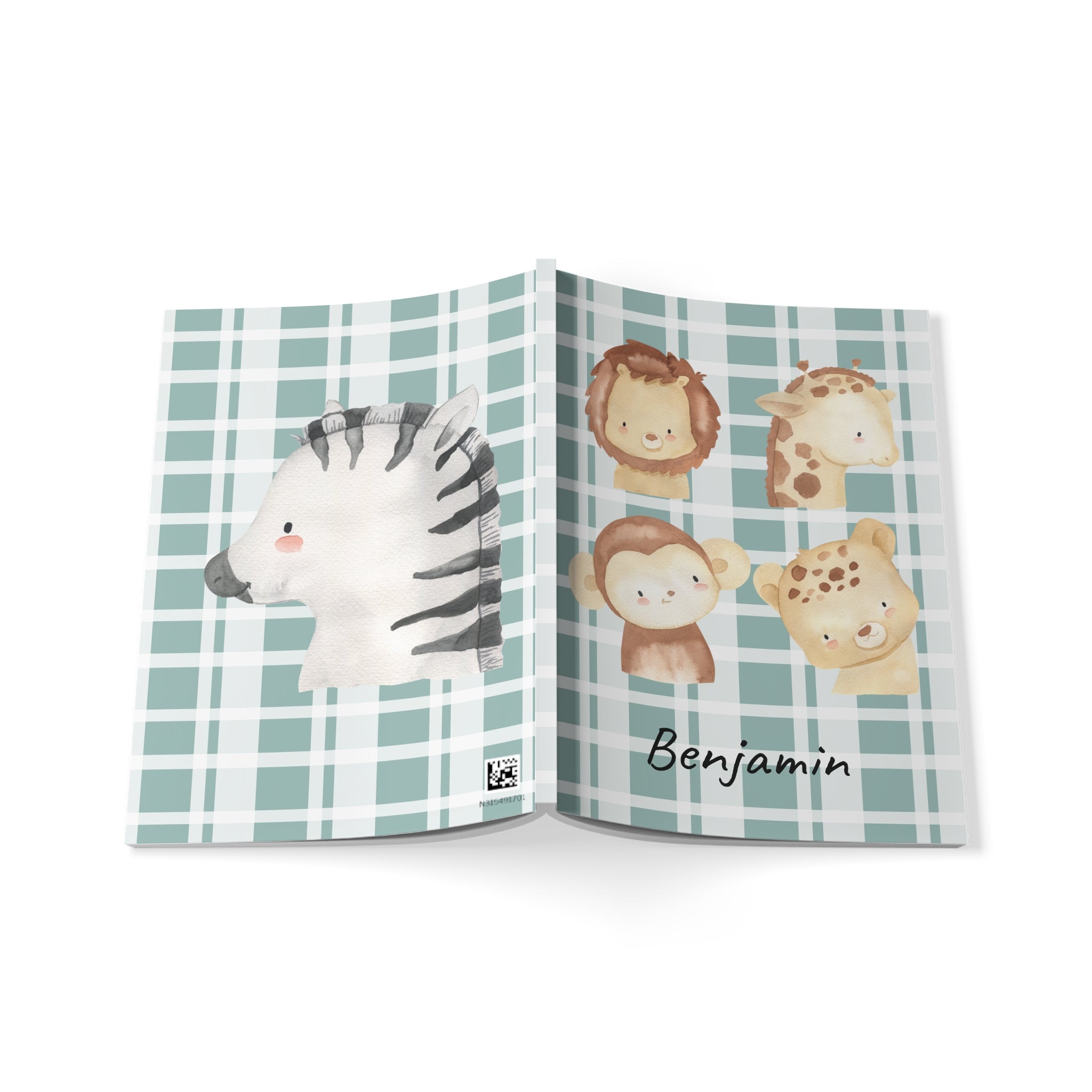 Personalized safari plaid notebook displayed on a desk