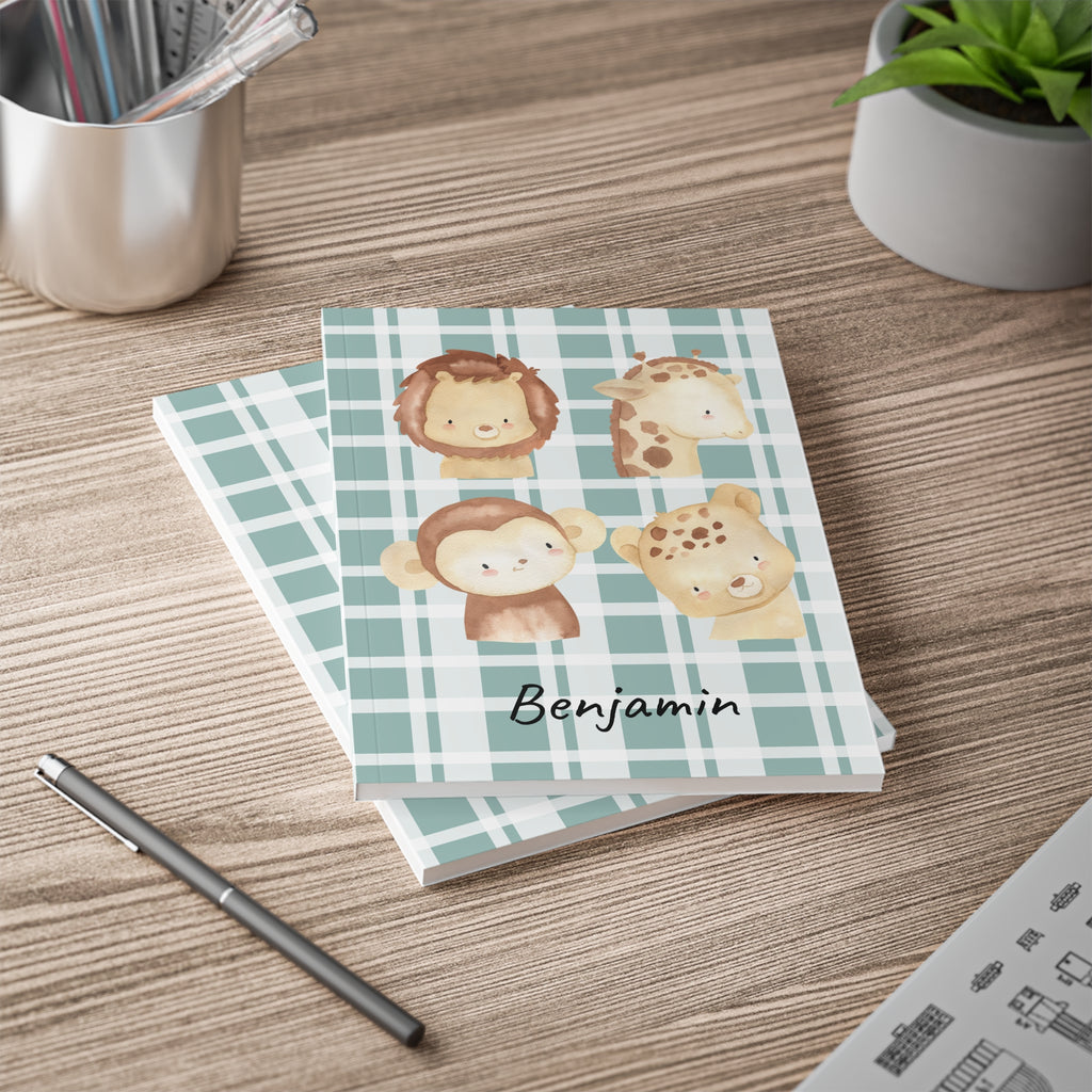Personalized safari plaid notebook shown open lying flat